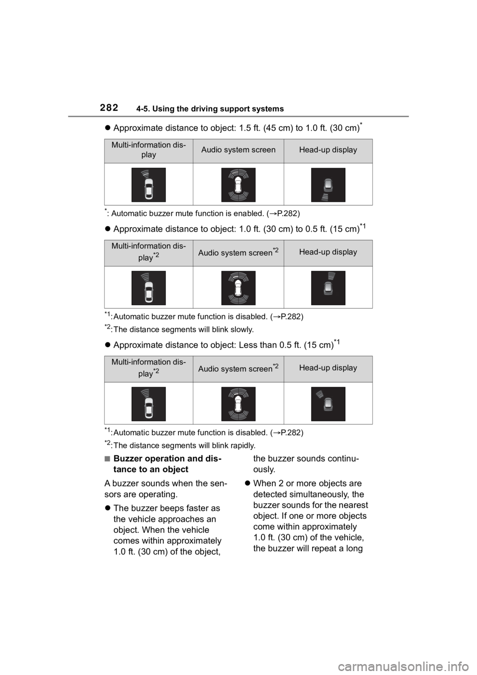 TOYOTA HIGHLANDER 2023  Owners Manual 2824-5. Using the driving support systems
Approximate distance to object: 1.5 ft. (45 cm) to 1.0 ft. (30  cm)*
*: Automatic buzzer mute function is enabled. (P.282)
 Approximate distance to o