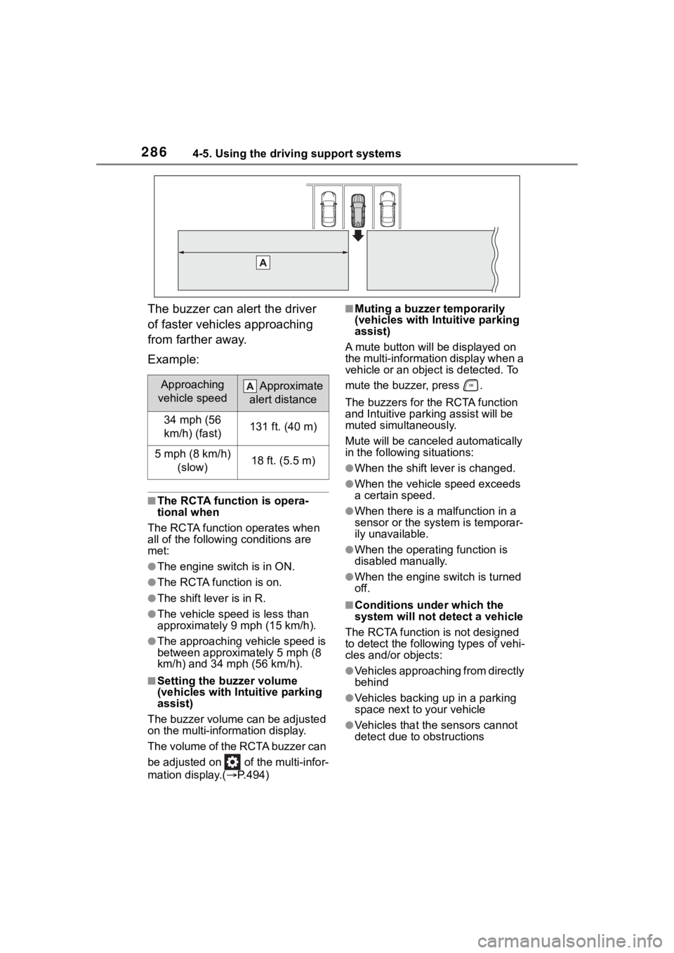 TOYOTA HIGHLANDER 2023  Owners Manual 2864-5. Using the driving support systems
The buzzer can alert the driver 
of faster vehicles approaching 
from farther away.
Example:
■The RCTA function is opera-
tional when
The RCTA function oper