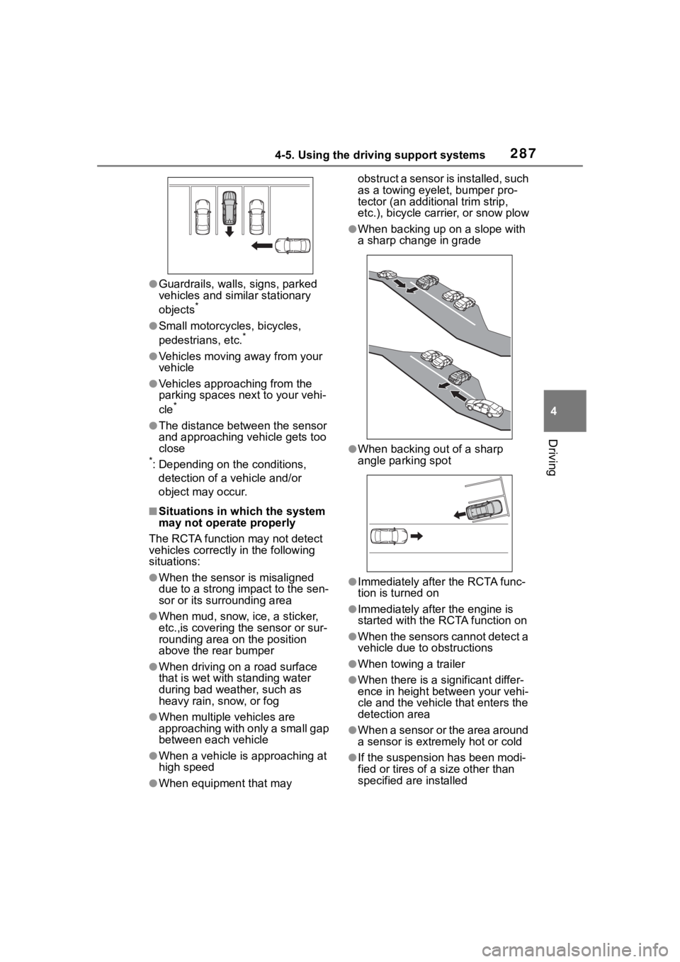 TOYOTA HIGHLANDER 2023  Owners Manual 2874-5. Using the driving support systems
4
Driving
●Guardrails, walls, signs, parked 
vehicles and similar stationary 
objects
*
●Small motorcycles, bicycles, 
pedestrians, etc.*
●Vehicles movi