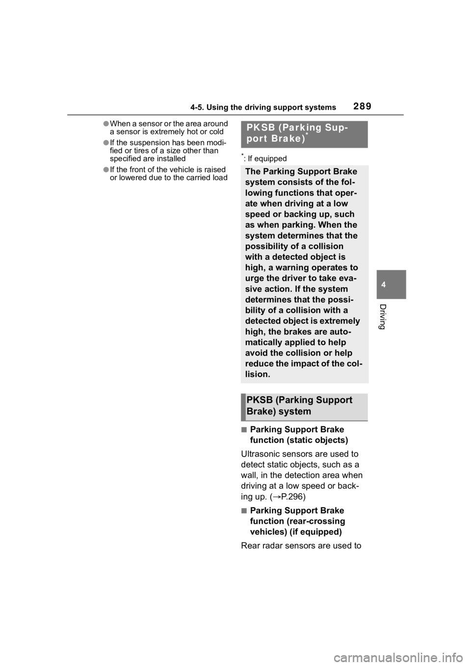 TOYOTA HIGHLANDER 2023  Owners Manual 2894-5. Using the driving support systems
4
Driving
●When a sensor or the area around 
a sensor is extremely hot or cold
●If the suspension has been modi-
fied or tires of a size other than 
speci