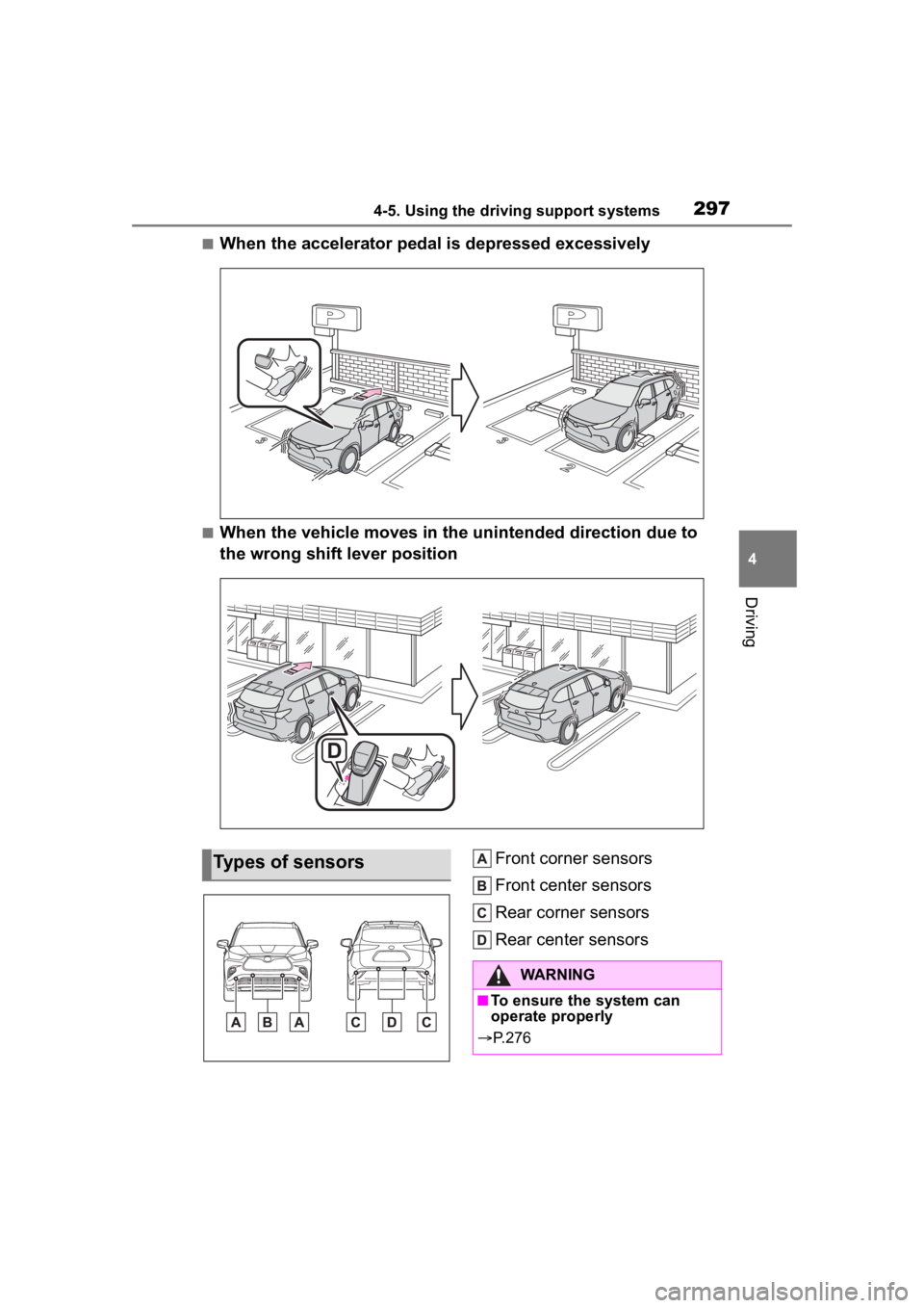 TOYOTA HIGHLANDER 2023  Owners Manual 2974-5. Using the driving support systems
4
Driving
■When the accelerator pedal is depressed excessively
■When the vehicle moves in the unintended direction due to 
the wrong shift lever positionF