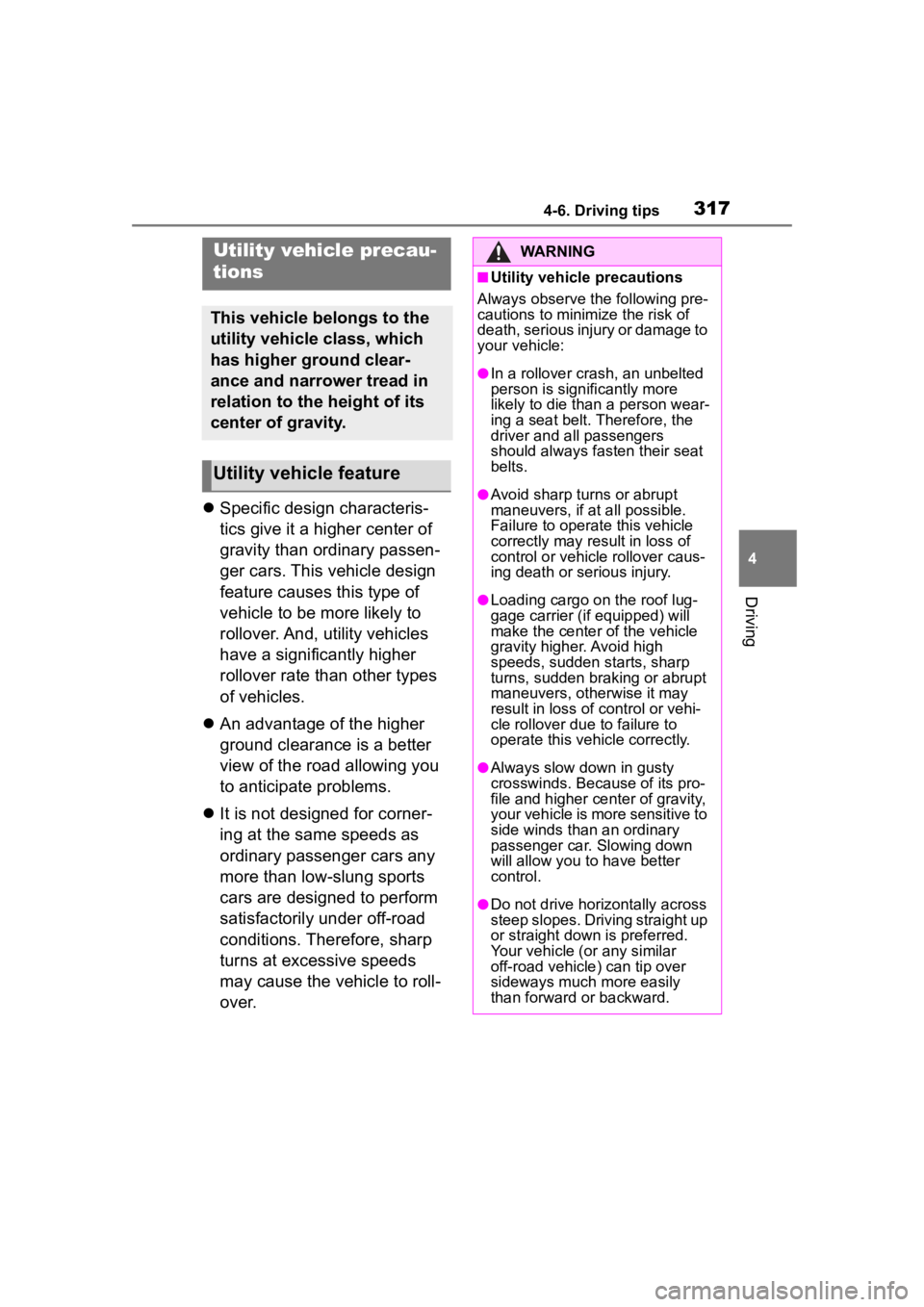 TOYOTA HIGHLANDER 2023  Owners Manual 3174-6. Driving tips
4
Driving
Specific design characteris-
tics give it a higher center of 
gravity than ordinary passen-
ger cars. This vehicle design 
feature causes this type of 
vehicle to be 