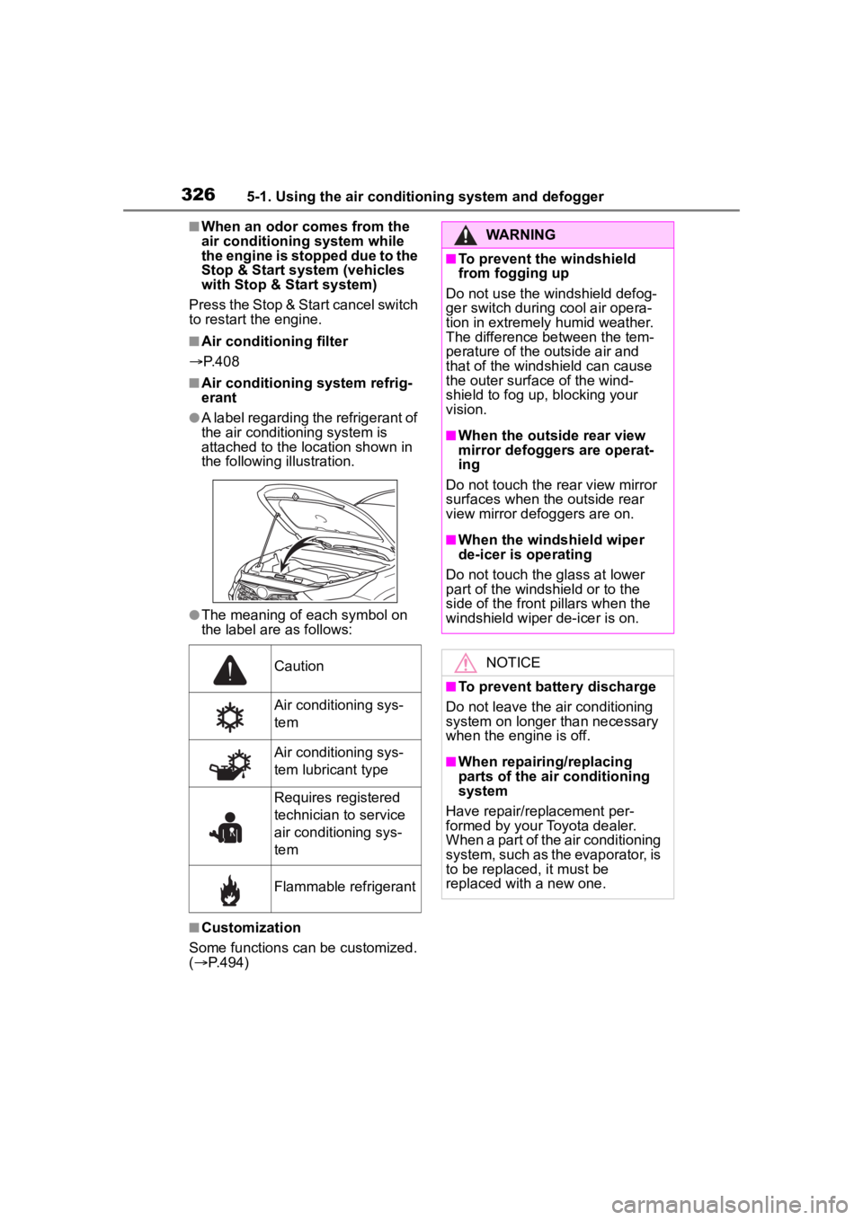 TOYOTA HIGHLANDER 2023  Owners Manual 3265-1. Using the air conditioning system and defogger
■When an odor comes from the 
air conditioning system while 
the engine is stopped due to the 
Stop & Start system (vehicles 
with Stop & Start