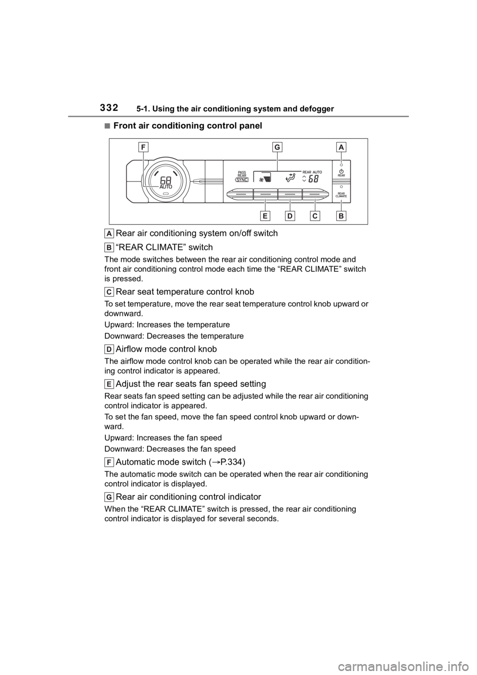TOYOTA HIGHLANDER 2023  Owners Manual 3325-1. Using the air conditioning system and defogger
■Front air conditioning control panelRear air conditioning system on/off switch
“REAR CLIMATE” switch
The mode switches between the rea r a