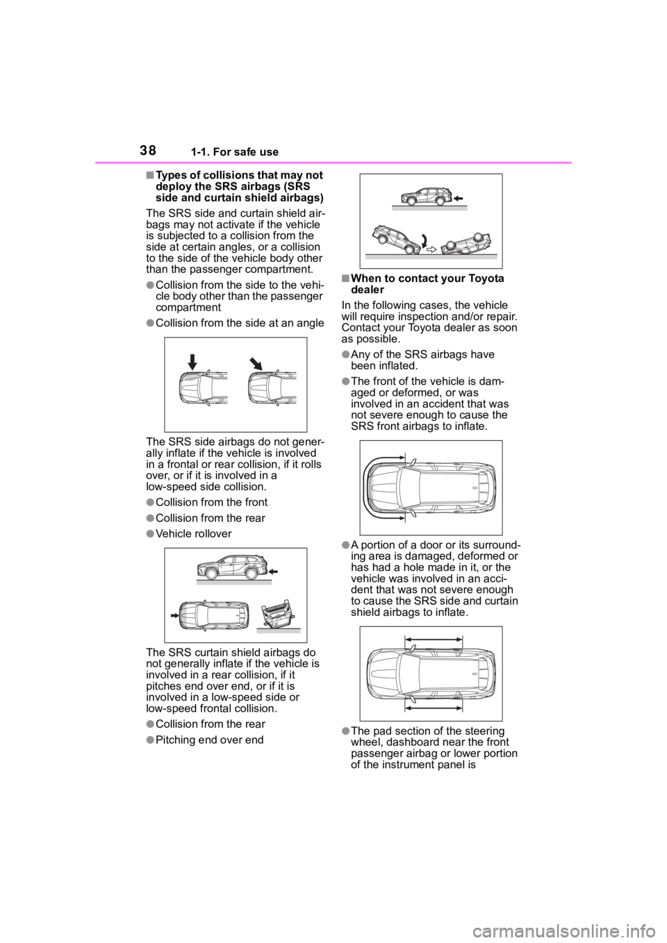 TOYOTA HIGHLANDER 2023 Owners Guide 381-1. For safe use
■Types of collisions that may not
deploy the SRS airbags (SRS
side and curtain shield airbags)
The SRS side and curtain shield air-
bags may not activate if the vehicle
is sub TOYOTA HIGHLANDER 2023 Owners Guide 381-1. For safe use
■Types of collisions that may not
deploy the SRS airbags (SRS
side and curtain shield airbags)
The SRS side and curtain shield air-
bags may not activate if the vehicle
is sub