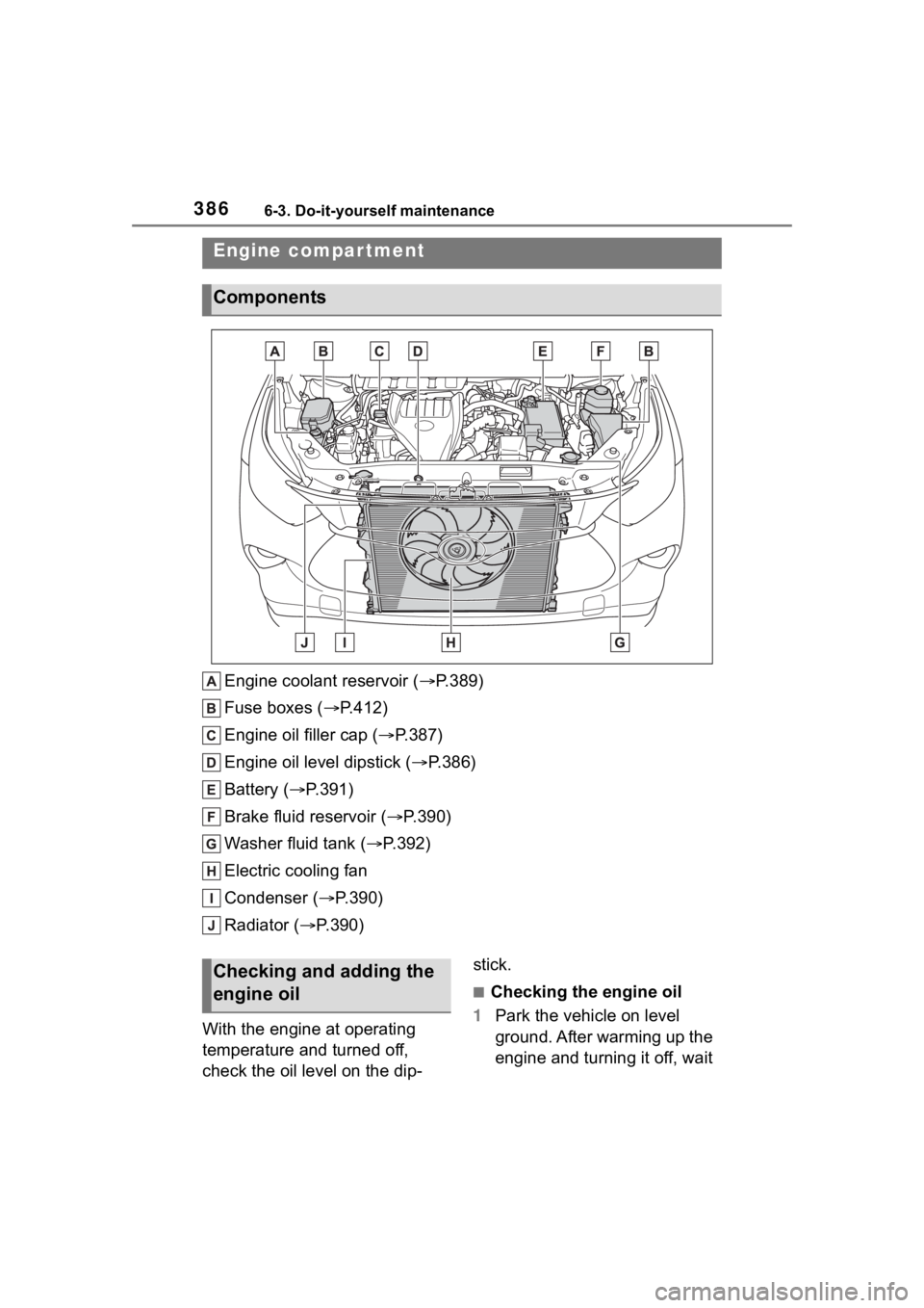 TOYOTA HIGHLANDER 2023 Owners Manual 3866-3. Do-it-yourself maintenance
Engine coolant reservoir ( P.389)
Fuse boxes ( P.412)
Engine oil filler cap ( P.387)
Engine oil level dipstick ( P.386)
Battery ( P.391)
Brake fluid r TOYOTA HIGHLANDER 2023 Owners Manual 3866-3. Do-it-yourself maintenance
Engine coolant reservoir ( P.389)
Fuse boxes ( P.412)
Engine oil filler cap ( P.387)
Engine oil level dipstick ( P.386)
Battery ( P.391)
Brake fluid r