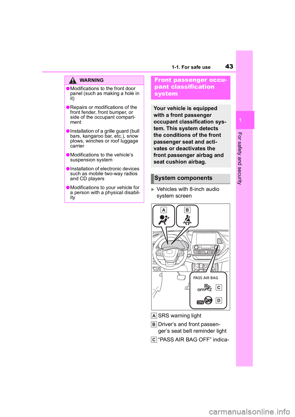 TOYOTA HIGHLANDER 2023 Service Manual 431-1. For safe use
1
For safety and security
Vehicles with 8-inch audio
system screenSRS warning light
Driver’s and front passen-
ger’s seat belt reminder light
“PASS AIR BAG OFF” indica- TOYOTA HIGHLANDER 2023 Service Manual 431-1. For safe use
1
For safety and security
Vehicles with 8-inch audio
system screenSRS warning light
Driver’s and front passen-
ger’s seat belt reminder light
“PASS AIR BAG OFF” indica-