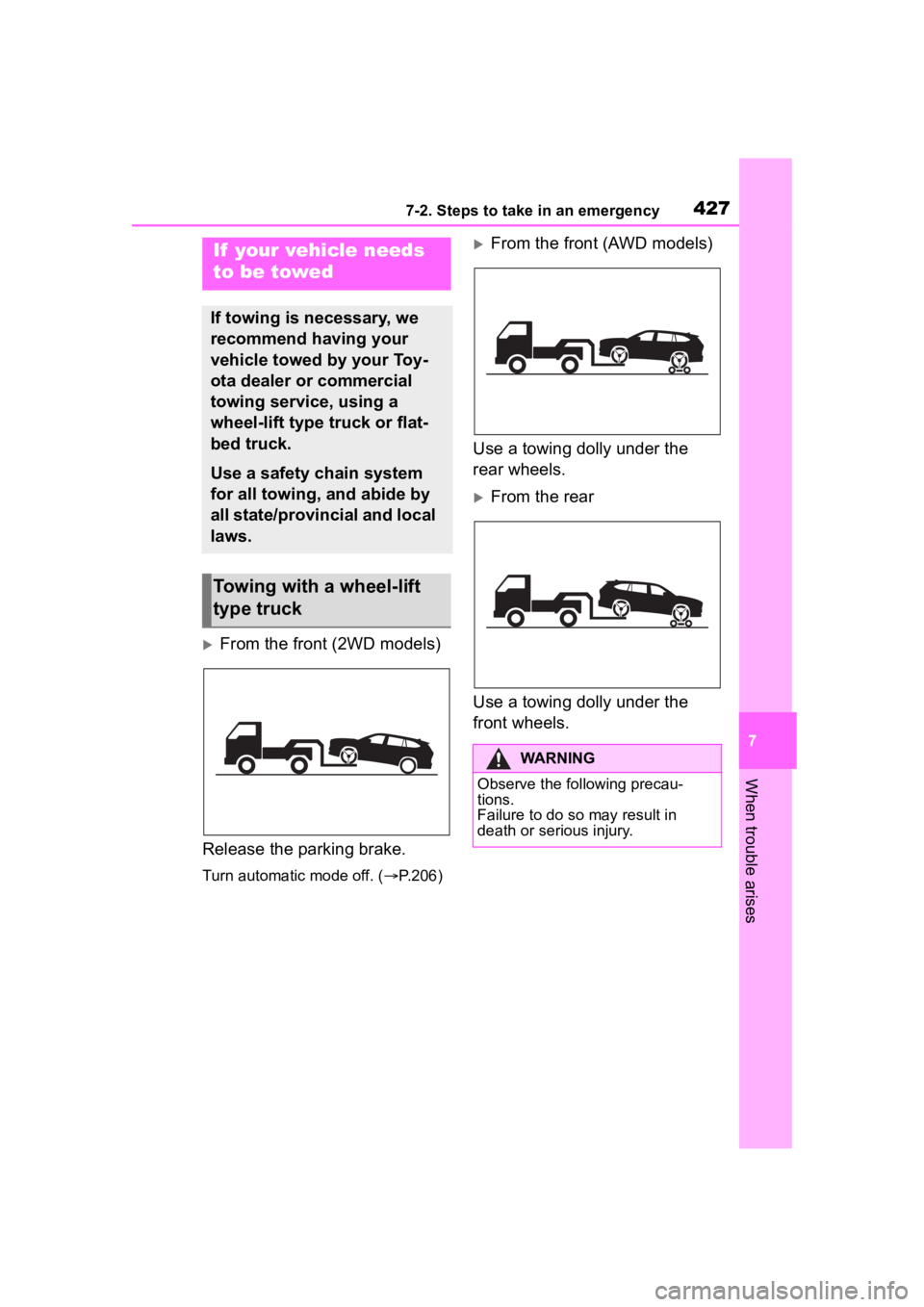 TOYOTA HIGHLANDER 2023 Owners Manual 4277-2. Steps to take in an emergency
7
When trouble arises
7-2.Steps to take in an emergency
From the front (2WD models)
Release the parking brake.
Turn automatic mode off. ( P.206)
From the TOYOTA HIGHLANDER 2023 Owners Manual 4277-2. Steps to take in an emergency
7
When trouble arises
7-2.Steps to take in an emergency
From the front (2WD models)
Release the parking brake.
Turn automatic mode off. ( P.206)
From the