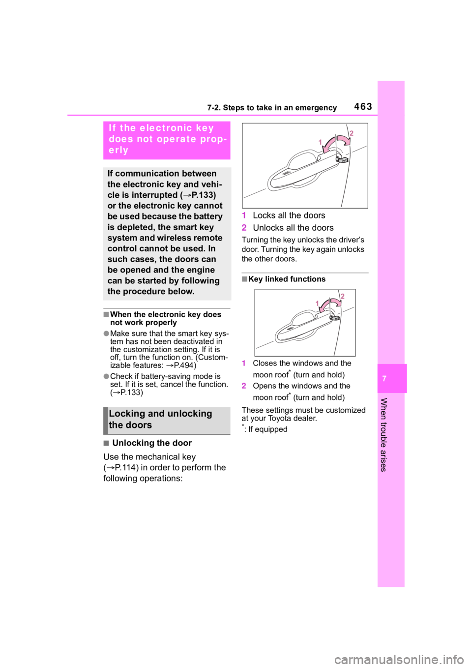TOYOTA HIGHLANDER 2023 Owners Manual 4637-2. Steps to take in an emergency
7
When trouble arises
■When the electronic key does
not work properly
●Make sure that the smart key sys-
tem has not been deactivated in
the customization s TOYOTA HIGHLANDER 2023 Owners Manual 4637-2. Steps to take in an emergency
7
When trouble arises
■When the electronic key does
not work properly
●Make sure that the smart key sys-
tem has not been deactivated in
the customization s