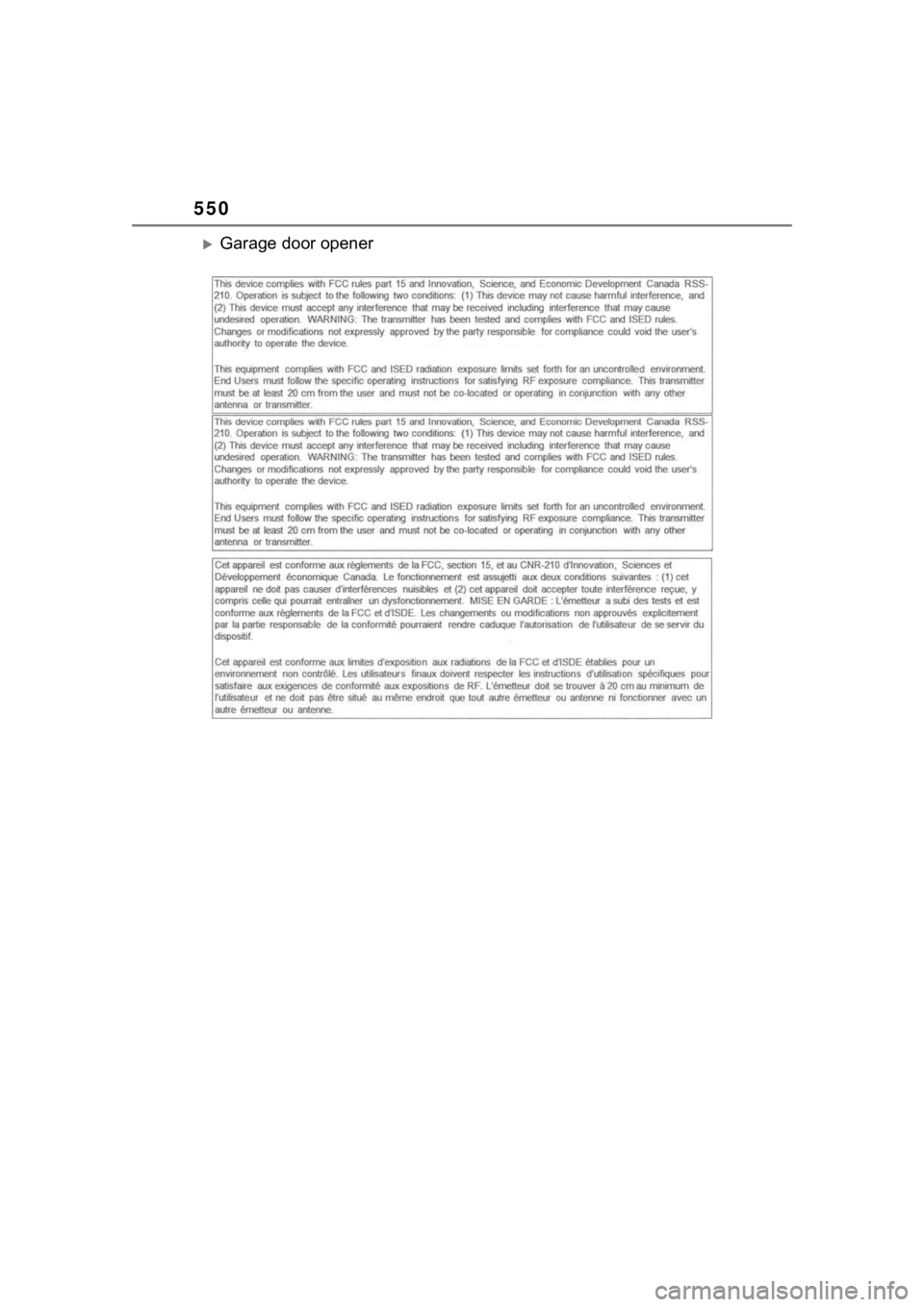 TOYOTA HIGHLANDER 2023  Owners Manual 550
Garage door opener 