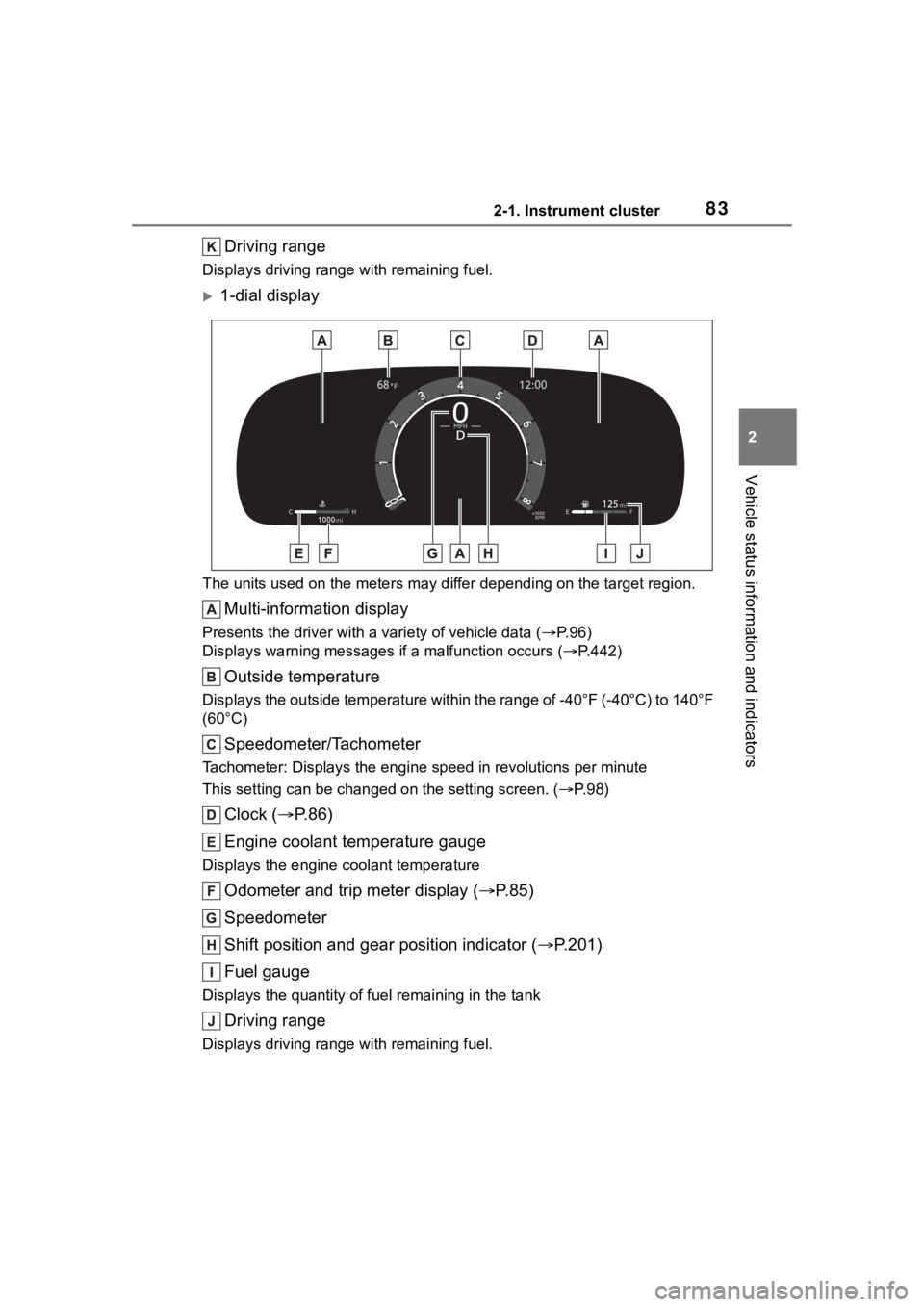 TOYOTA HIGHLANDER 2023 Owners Manual 832-1. Instrument cluster
2
Vehicle status information and indicators
Driving range
Displays driving range with remaining fuel.
1-dial display
The units used on the meters may differ depending on t TOYOTA HIGHLANDER 2023 Owners Manual 832-1. Instrument cluster
2
Vehicle status information and indicators
Driving range
Displays driving range with remaining fuel.
1-dial display
The units used on the meters may differ depending on t