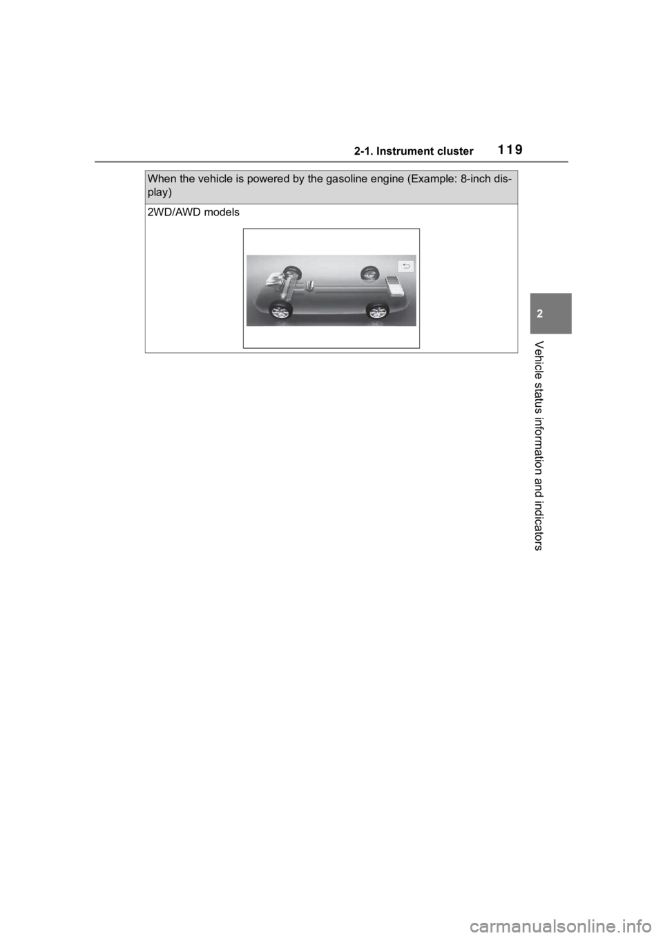 TOYOTA HIGHLANDER HYBRID 2022 Owners Manual 1192-1. Instrument cluster
2
Vehicle status information and indicators
When the vehicle is powered by the gasoline engine (Example: 8-inch dis-
play)
2WD/AWD models TOYOTA HIGHLANDER HYBRID 2022 Owners Manual 1192-1. Instrument cluster
2
Vehicle status information and indicators
When the vehicle is powered by the gasoline engine (Example: 8-inch dis-
play)
2WD/AWD models