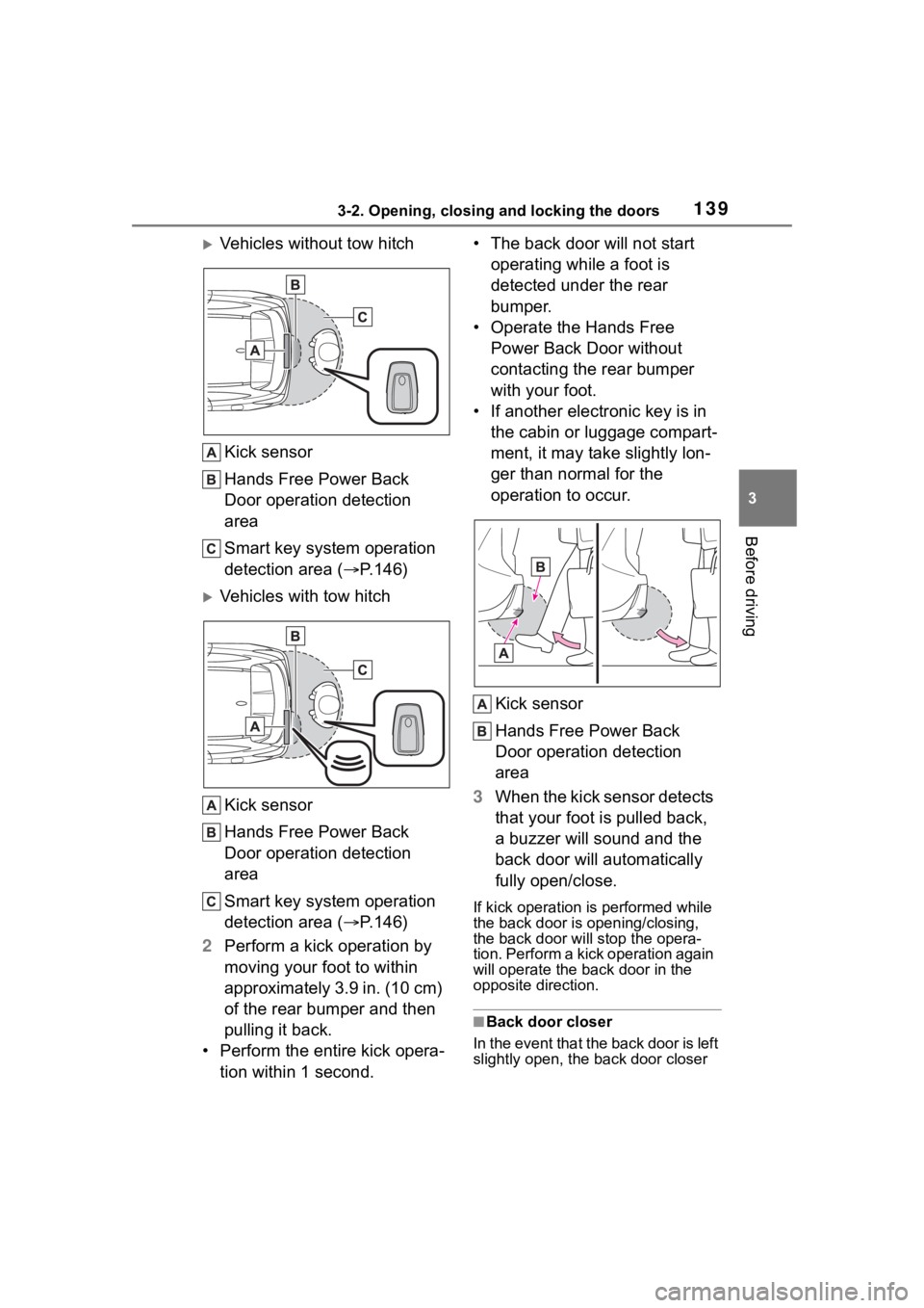 TOYOTA HIGHLANDER HYBRID 2022 Owners Manual 1393-2. Opening, closing and locking the doors
3
Before driving
Vehicles without tow hitch
Kick sensor
Hands Free Power Back
Door operation detection
area
Smart key system operation
detection ar TOYOTA HIGHLANDER HYBRID 2022 Owners Manual 1393-2. Opening, closing and locking the doors
3
Before driving
Vehicles without tow hitch
Kick sensor
Hands Free Power Back
Door operation detection
area
Smart key system operation
detection ar