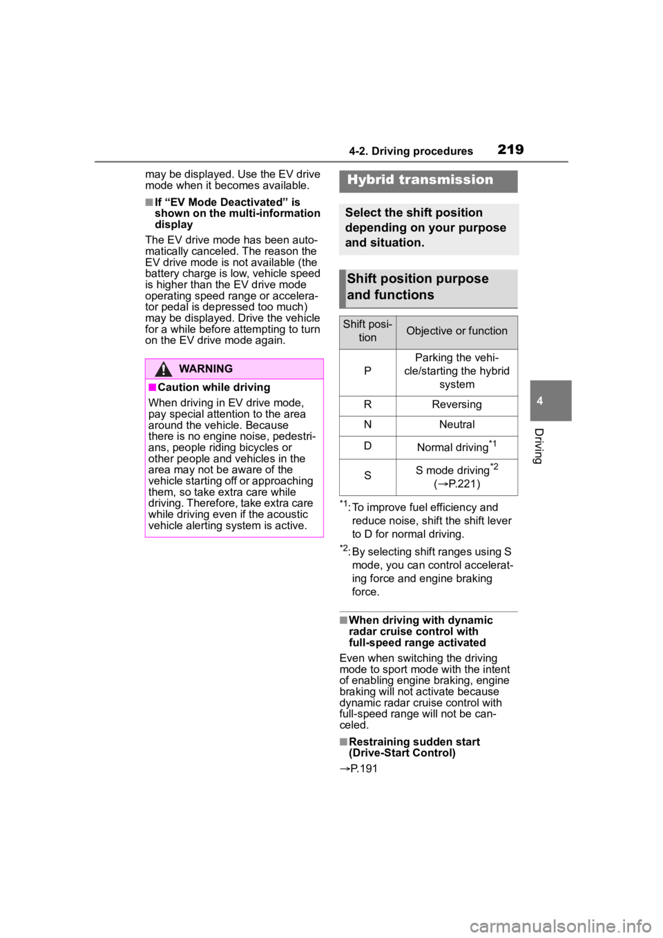 TOYOTA HIGHLANDER HYBRID 2022  Owners Manual 2194-2. Driving procedures
4
Driving
may be displayed. Use the EV drive 
mode when it becomes available.
■If “EV Mode Deactivated” is 
shown on the multi-information 
display
The EV drive mode h