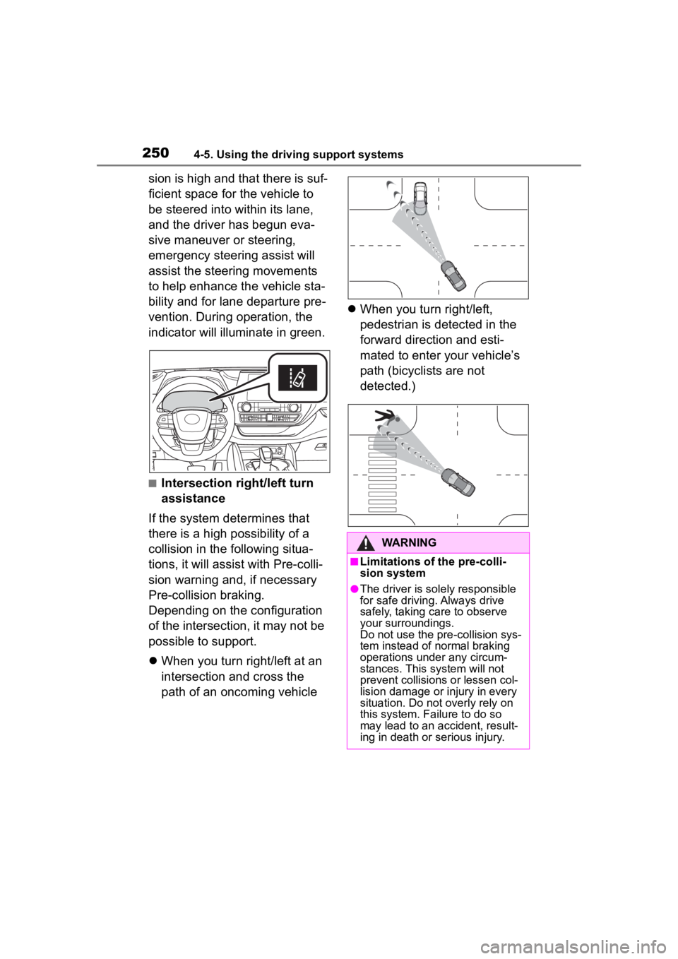 TOYOTA HIGHLANDER HYBRID 2022  Owners Manual 2504-5. Using the driving support systems
sion is high and that there is suf-
ficient space for the vehicle to 
be steered into within its lane, 
and the driver has begun eva-
sive maneuver or steerin