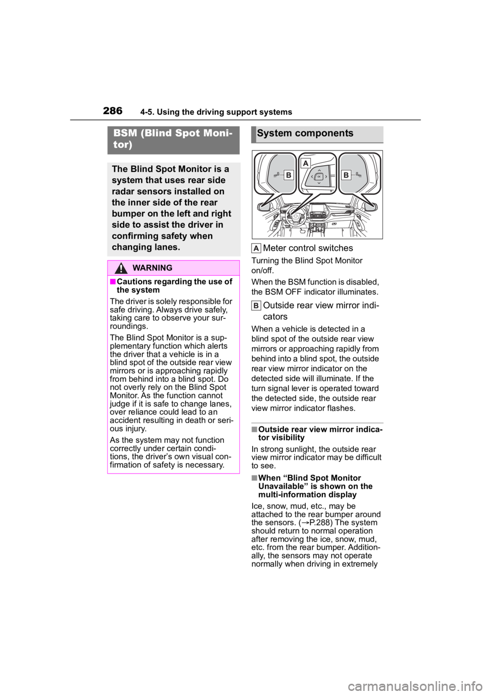 TOYOTA HIGHLANDER HYBRID 2022 Owners Manual 2864-5. Using the driving support systems
Meter control switches
Turning the Blind Spot Monitor
on/off.
When the BSM function is disabled,
the BSM OFF indicator illuminates.
Outside rear view mirror TOYOTA HIGHLANDER HYBRID 2022 Owners Manual 2864-5. Using the driving support systems
Meter control switches
Turning the Blind Spot Monitor
on/off.
When the BSM function is disabled,
the BSM OFF indicator illuminates.
Outside rear view mirror