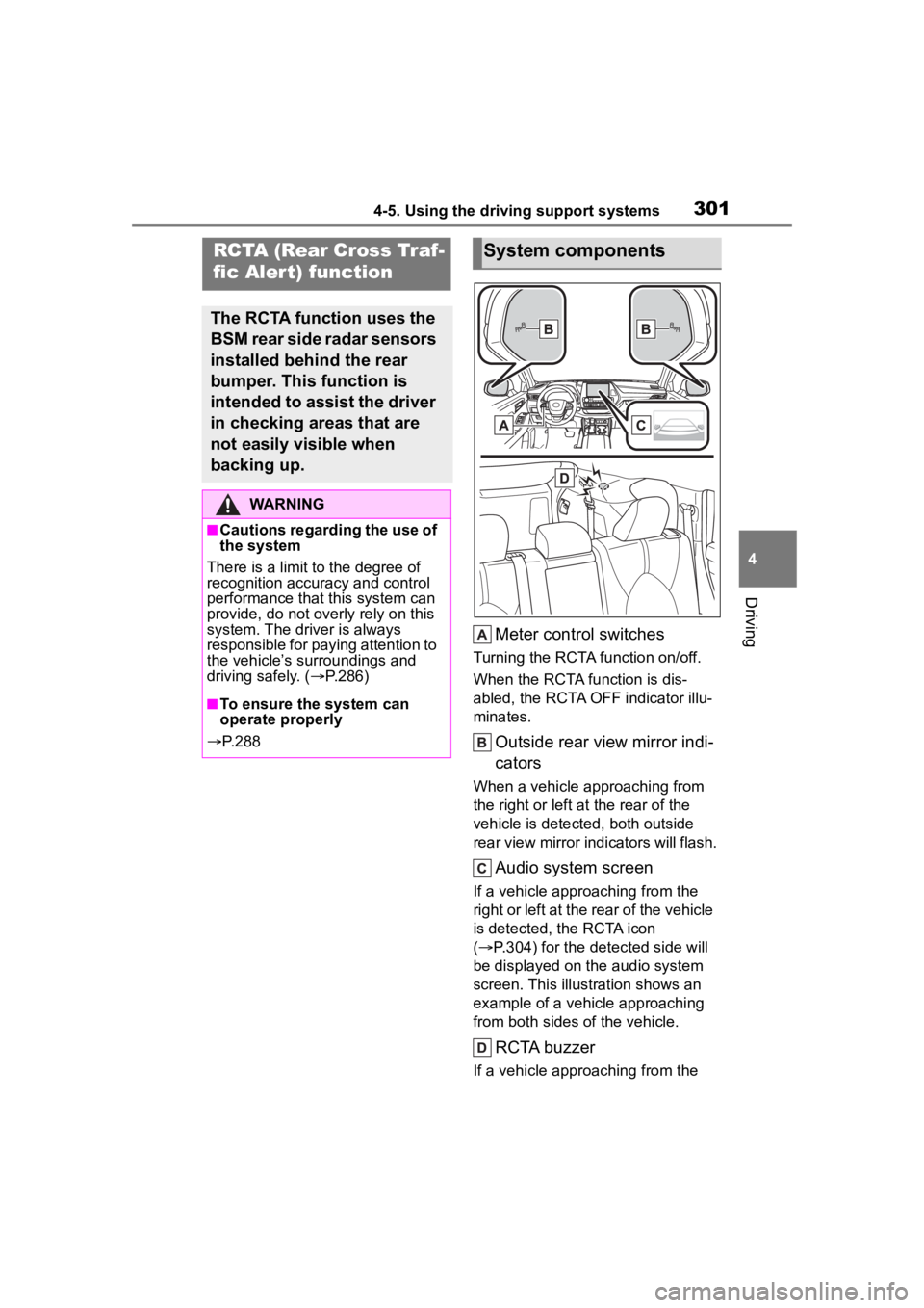 TOYOTA HIGHLANDER HYBRID 2022 Owners Manual 3014-5. Using the driving support systems
4
Driving
Meter control switches
Turning the RCTA function on/off.
When the RCTA function is dis-
abled, the RCTA OFF indicator illu-
minates.
Outside rear vi TOYOTA HIGHLANDER HYBRID 2022 Owners Manual 3014-5. Using the driving support systems
4
Driving
Meter control switches
Turning the RCTA function on/off.
When the RCTA function is dis-
abled, the RCTA OFF indicator illu-
minates.
Outside rear vi