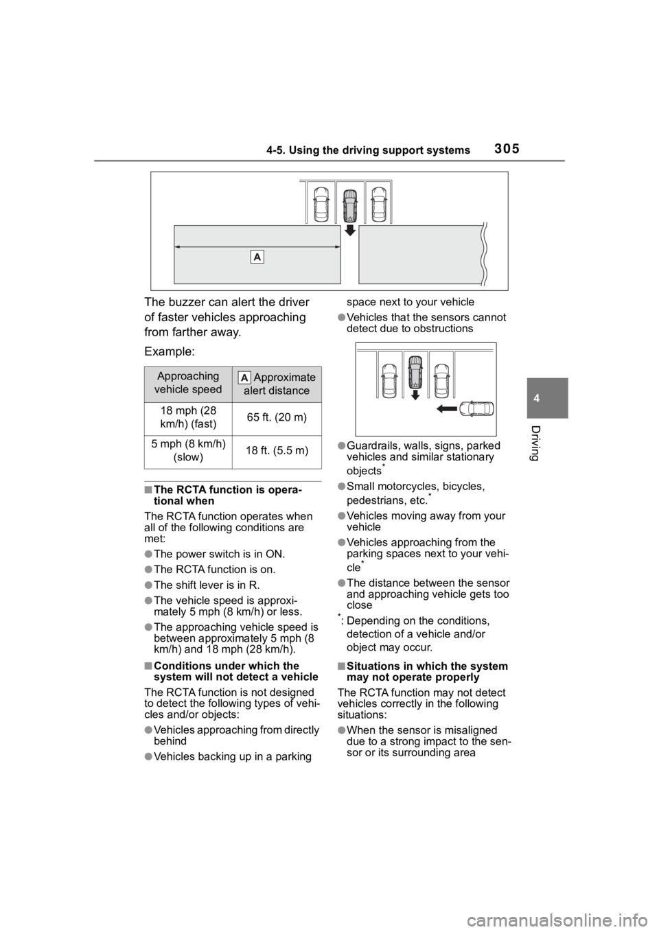 TOYOTA HIGHLANDER HYBRID 2022 Owners Manual 3054-5. Using the driving support systems
4
Driving
The buzzer can alert the driver
of faster vehicles approaching
from farther away.
Example:
■The RCTA function is opera-
tional when
The RCTA fun TOYOTA HIGHLANDER HYBRID 2022 Owners Manual 3054-5. Using the driving support systems
4
Driving
The buzzer can alert the driver
of faster vehicles approaching
from farther away.
Example:
■The RCTA function is opera-
tional when
The RCTA fun