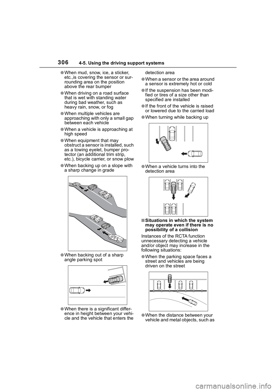 TOYOTA HIGHLANDER HYBRID 2022 Owners Manual 3064-5. Using the driving support systems
●When mud, snow, ice, a sticker,
etc.,is covering the sensor or sur-
rounding area on the position
above the rear bumper
●When driving on a road surface TOYOTA HIGHLANDER HYBRID 2022 Owners Manual 3064-5. Using the driving support systems
●When mud, snow, ice, a sticker,
etc.,is covering the sensor or sur-
rounding area on the position
above the rear bumper
●When driving on a road surface