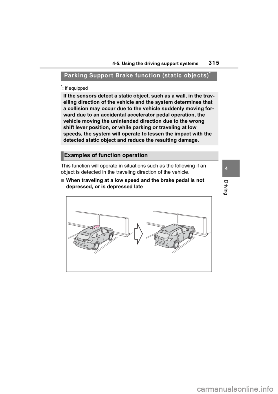 TOYOTA HIGHLANDER HYBRID 2022  Owners Manual 3154-5. Using the driving support systems
4
Driving
*: If equipped
This function will operate in situations such as the following if an 
object is detected in the traveling direction of the vehicle.
