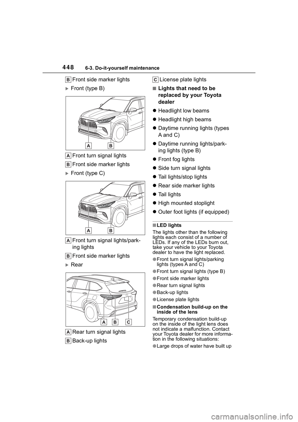 TOYOTA HIGHLANDER HYBRID 2022  Owners Manual 4486-3. Do-it-yourself maintenance
Front side marker lights
Front (type B)
Front turn signal lights
Front side marker lights
Front (type C)Front turn signal lights/park-
ing lights
Front side ma