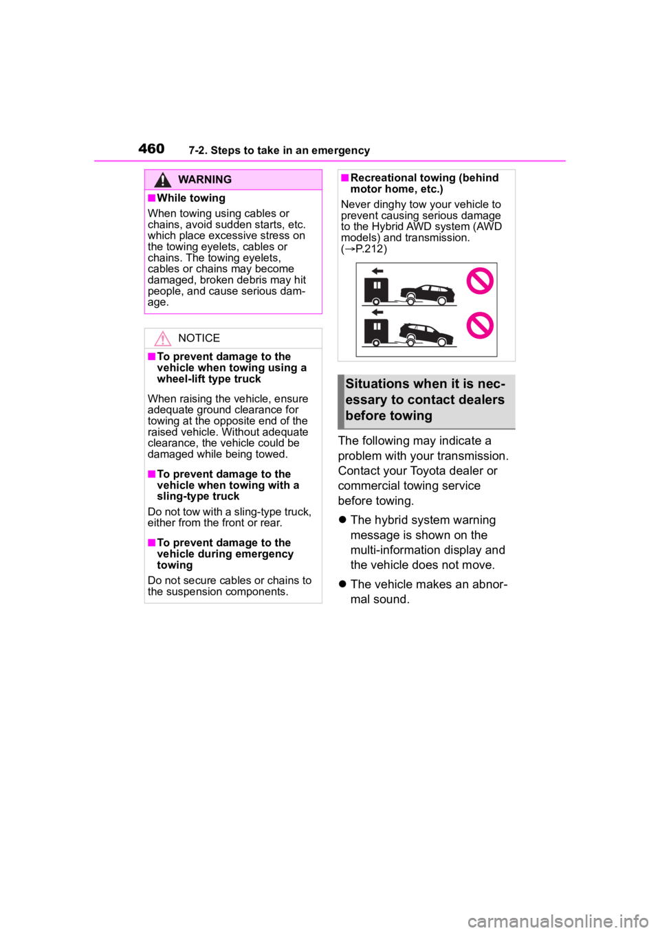 TOYOTA HIGHLANDER HYBRID 2022  Owners Manual 4607-2. Steps to take in an emergency
The following may indicate a 
problem with your transmission. 
Contact your Toyota dealer or 
commercial towing service 
before towing.
The hybrid system warni