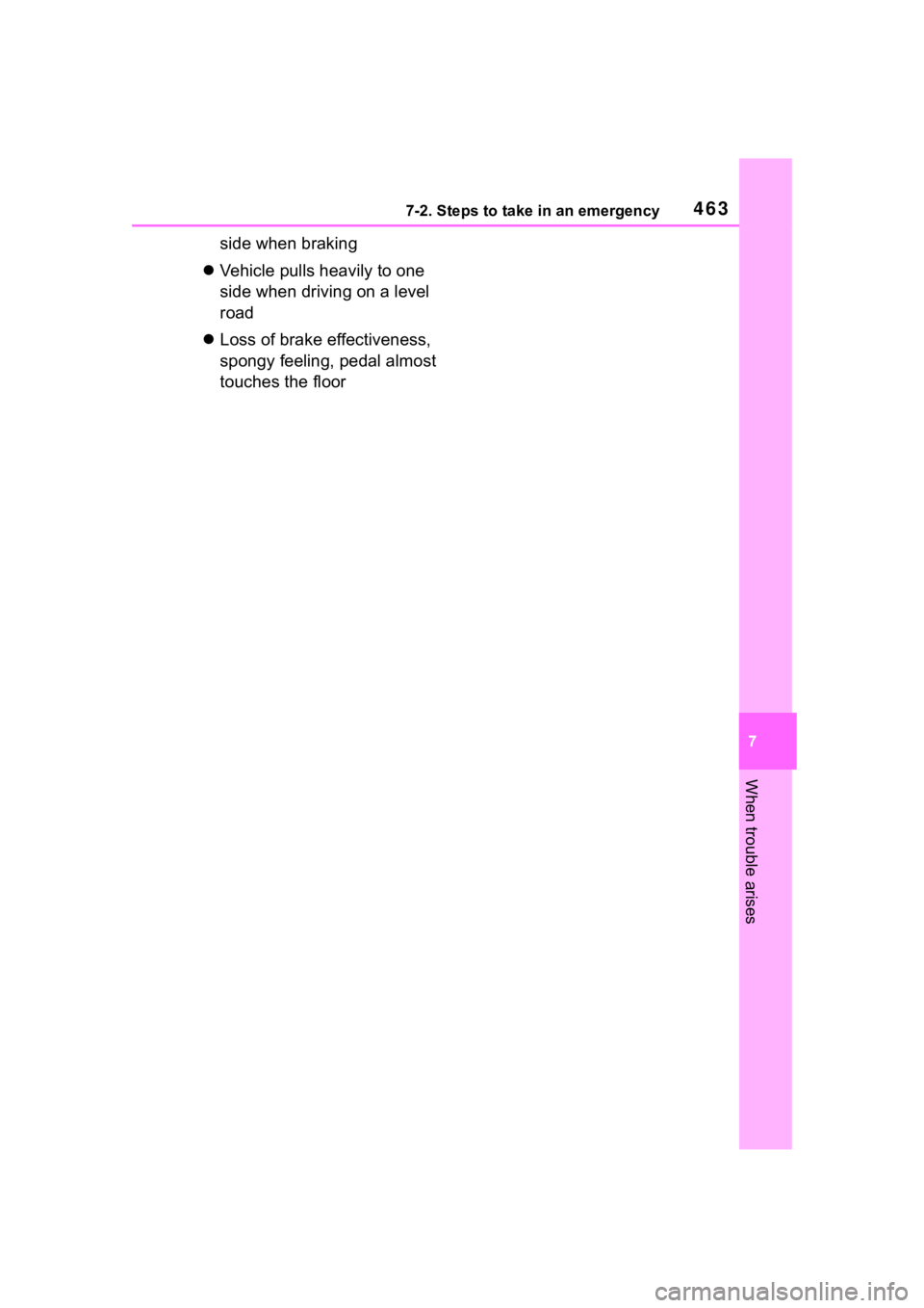 TOYOTA HIGHLANDER HYBRID 2022  Owners Manual 4637-2. Steps to take in an emergency
7
When trouble arises
side when braking
 Vehicle pulls heavily to one 
side when driving on a level 
road
 Loss of brake effectiveness, 
spongy feeling, ped