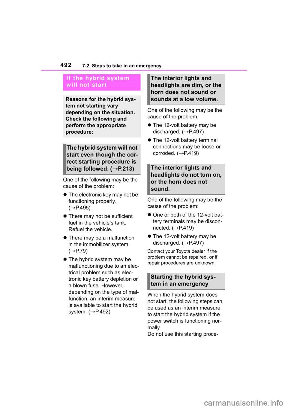 TOYOTA HIGHLANDER HYBRID 2022 Owners Manual 4927-2. Steps to take in an emergency
One of the following may be the
cause of the problem:
The electronic key may not be
functioning properly.
( P.495)
There may not be sufficient
fuel TOYOTA HIGHLANDER HYBRID 2022 Owners Manual 4927-2. Steps to take in an emergency
One of the following may be the
cause of the problem:
The electronic key may not be
functioning properly.
( P.495)
There may not be sufficient
fuel