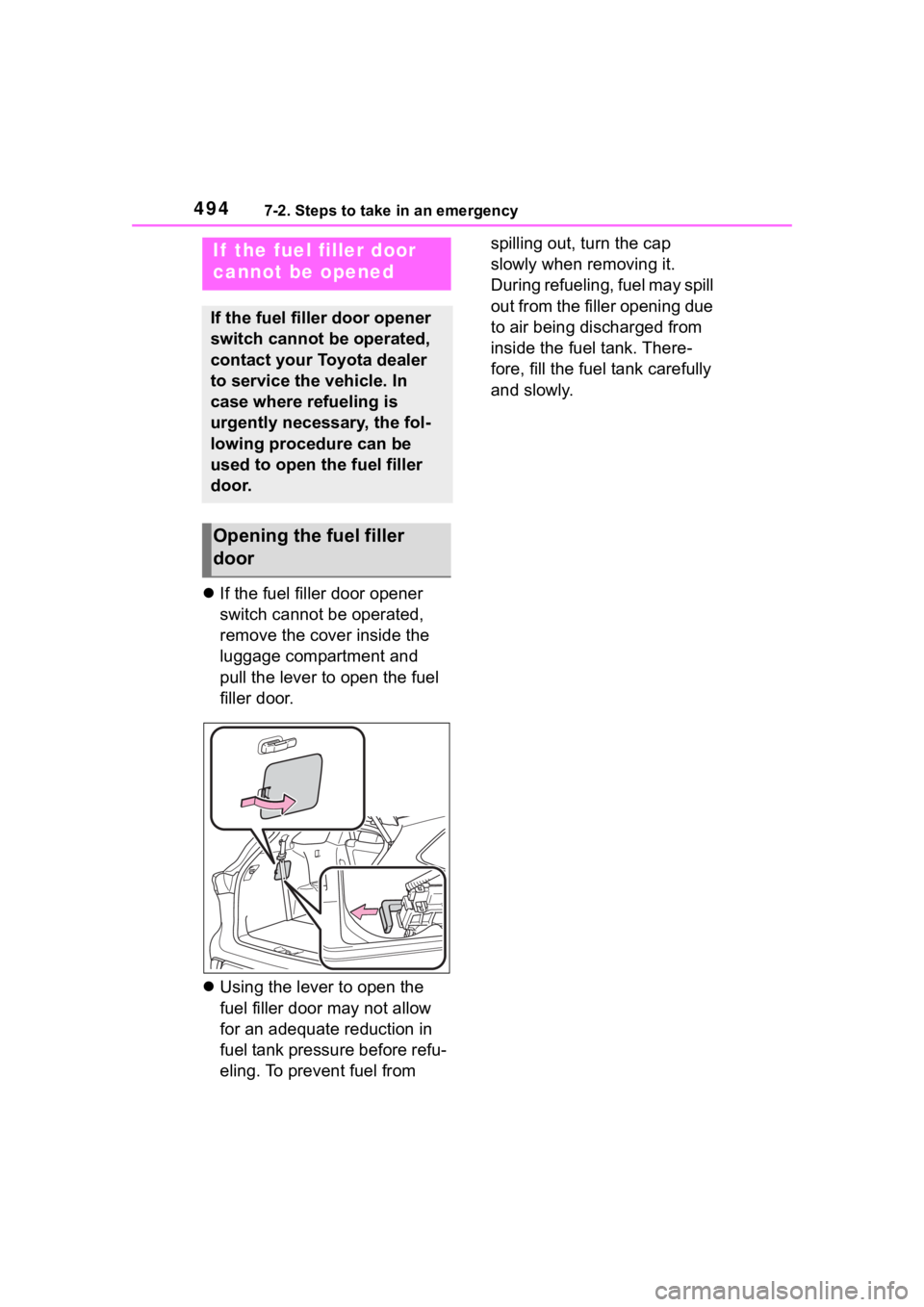 TOYOTA HIGHLANDER HYBRID 2022  Owners Manual 4947-2. Steps to take in an emergency
If the fuel filler door opener 
switch cannot be operated, 
remove the cover inside the 
luggage compartment and 
pull the lever to open the fuel 
filler door.