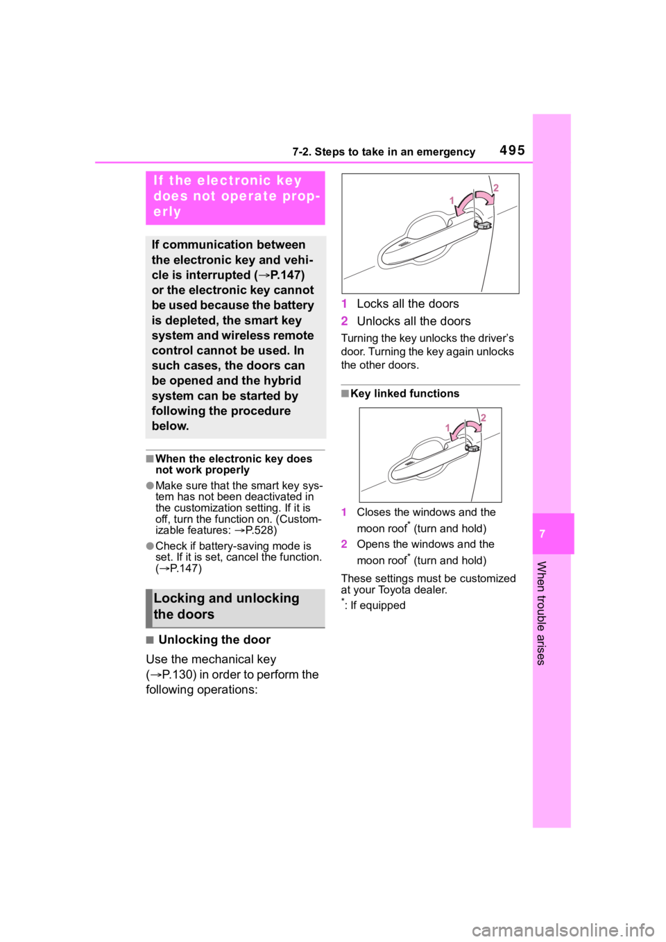 TOYOTA HIGHLANDER HYBRID 2022  Owners Manual 4957-2. Steps to take in an emergency
7
When trouble arises
■When the electronic key does 
not work properly
●Make sure that the smart key sys-
tem has not been deactivated in 
the customization s