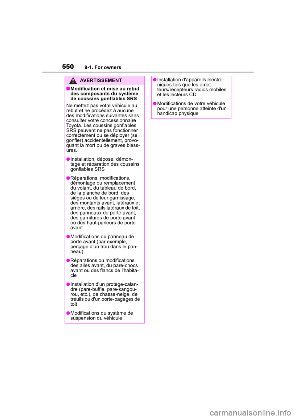 TOYOTA HIGHLANDER HYBRID 2022  Owners Manual 5509-1. For owners
AVERTISSEMENT
■Modification et mise au rebut 
des composants du système 
de coussins gonflables SRS
Ne mettez pas votre véhicule au 
rebut et ne procédez à aucune 
des modific