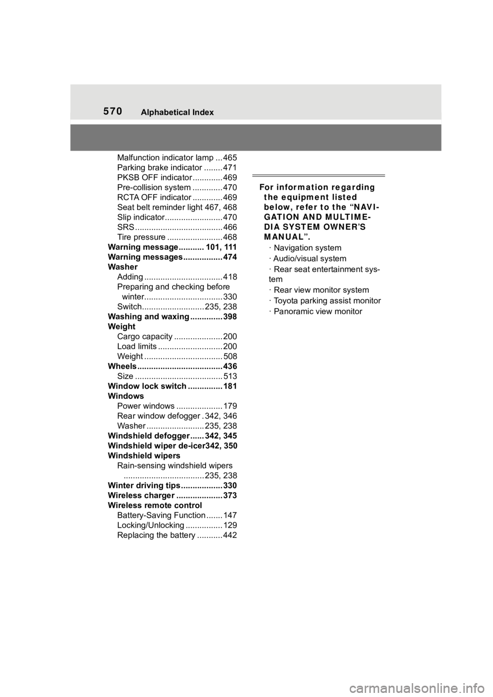 TOYOTA HIGHLANDER HYBRID 2022 Owners Manual 570Alphabetical Index
Malfunction indicator lamp ... 465
Parking brake indicator ........ 471
PKSB OFF indicator ............. 469
Pre-collision system ............. 470
RCTA OFF indicator ........... TOYOTA HIGHLANDER HYBRID 2022 Owners Manual 570Alphabetical Index
Malfunction indicator lamp ... 465
Parking brake indicator ........ 471
PKSB OFF indicator ............. 469
Pre-collision system ............. 470
RCTA OFF indicator ...........