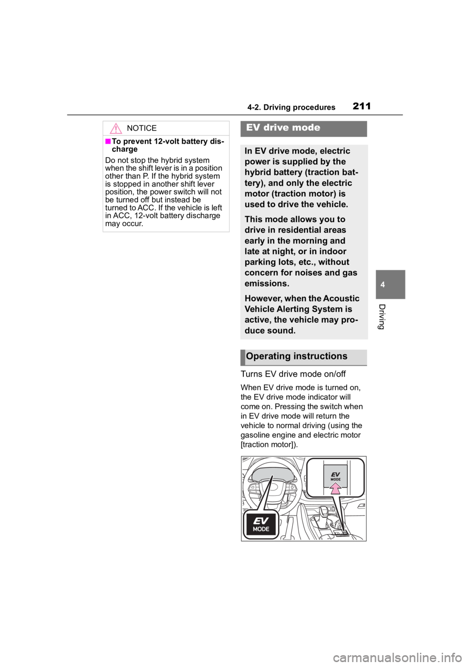 TOYOTA HIGHLANDER HYBRID 2023  Owners Manual 2114-2. Driving procedures
4
Driving
Turns EV drive mode on/off
When EV drive mode is turned on, 
the EV drive mode indicator will 
come on. Pressing the switch when 
in EV drive mode  will return the