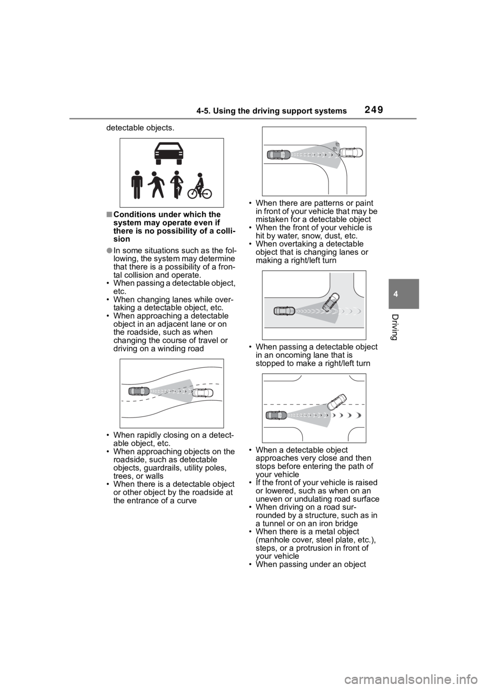TOYOTA HIGHLANDER HYBRID 2023  Owners Manual 2494-5. Using the driving support systems
4
Driving
detectable objects.
■Conditions under which the 
system may operate even if 
there is no possibility of a colli-
sion
●In some situations such a