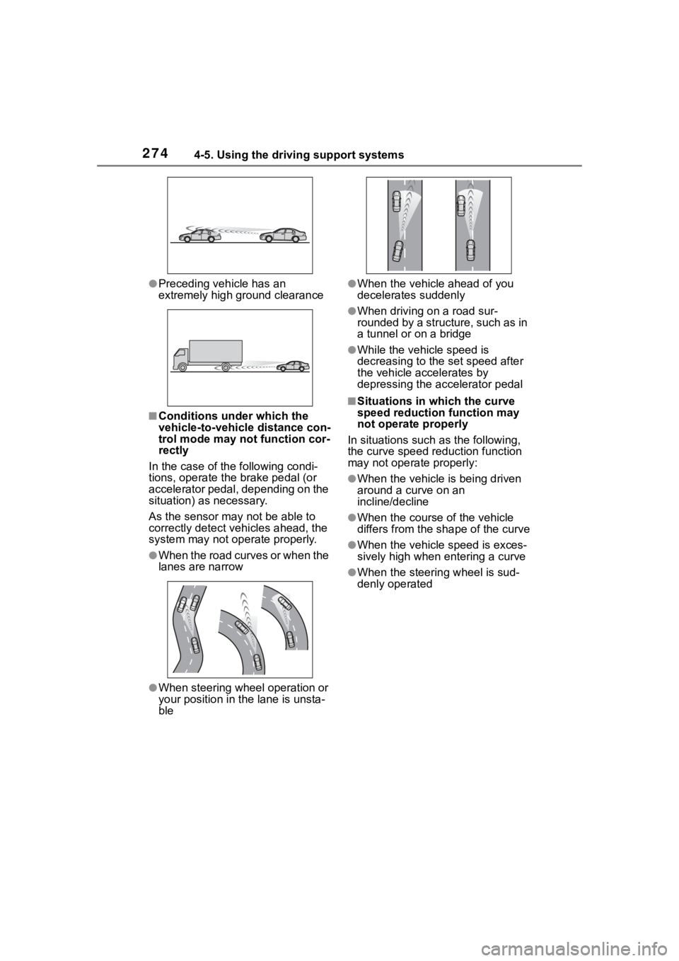 TOYOTA HIGHLANDER HYBRID 2023 Owners Guide 2744-5. Using the driving support systems
●Preceding vehicle has an
extremely high ground clearance
■Conditions under which the
vehicle-to-vehicle distance con-
trol mode may not function cor-
r TOYOTA HIGHLANDER HYBRID 2023 Owners Guide 2744-5. Using the driving support systems
●Preceding vehicle has an
extremely high ground clearance
■Conditions under which the
vehicle-to-vehicle distance con-
trol mode may not function cor-
r