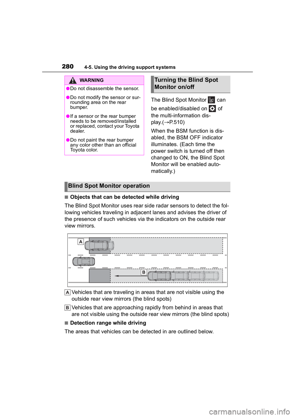 TOYOTA HIGHLANDER HYBRID 2023 Service Manual 2804-5. Using the driving support systems
The Blind Spot Monitor can
be enabled/disabled on of
the multi-information dis-
play.(P.510)
When the BSM function is dis-
abled, the BSM OFF indicat TOYOTA HIGHLANDER HYBRID 2023 Service Manual 2804-5. Using the driving support systems
The Blind Spot Monitor can
be enabled/disabled on of
the multi-information dis-
play.(P.510)
When the BSM function is dis-
abled, the BSM OFF indicat