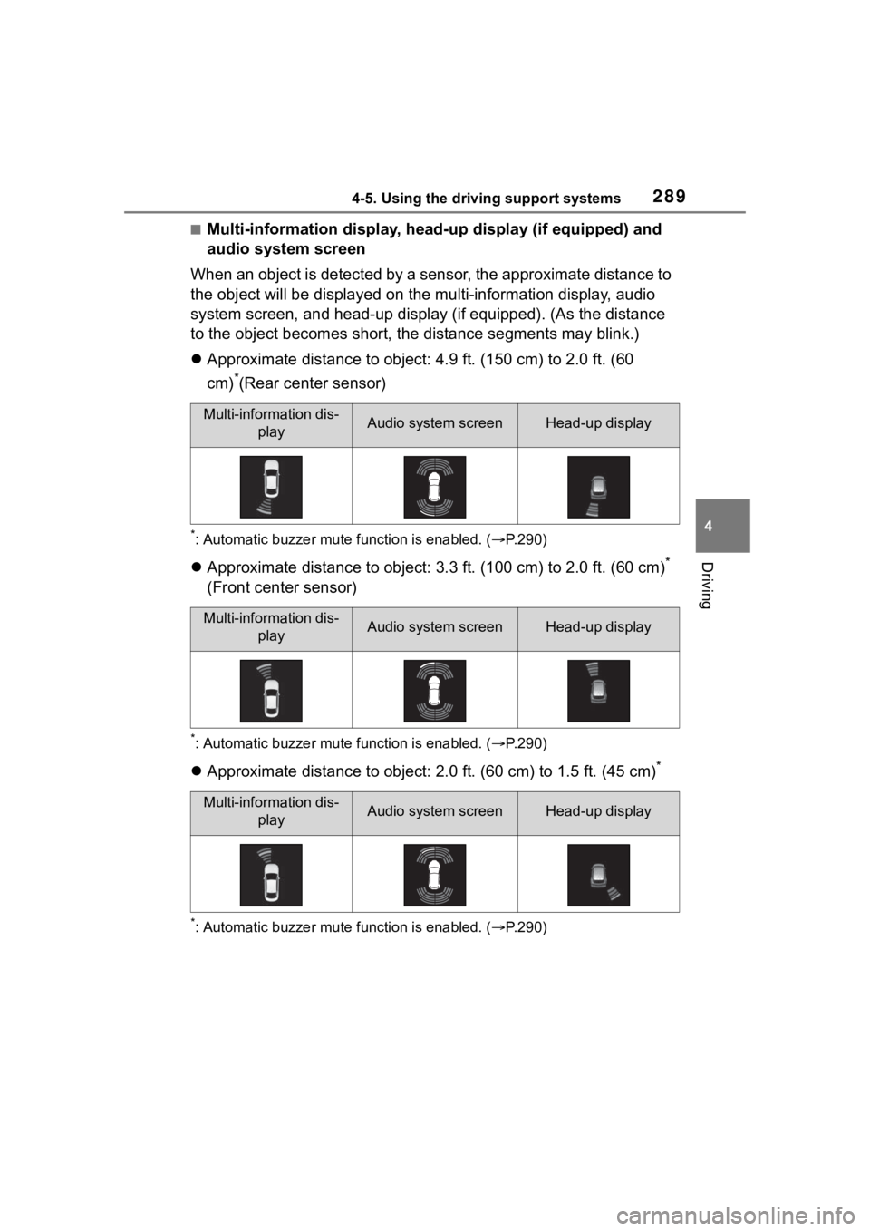 TOYOTA HIGHLANDER HYBRID 2023 Service Manual 2894-5. Using the driving support systems
4
Driving
■Multi-information display, head-up display (if equipped) and
audio system screen
When an object is detected by a sensor, the approximate distanc TOYOTA HIGHLANDER HYBRID 2023 Service Manual 2894-5. Using the driving support systems
4
Driving
■Multi-information display, head-up display (if equipped) and
audio system screen
When an object is detected by a sensor, the approximate distanc