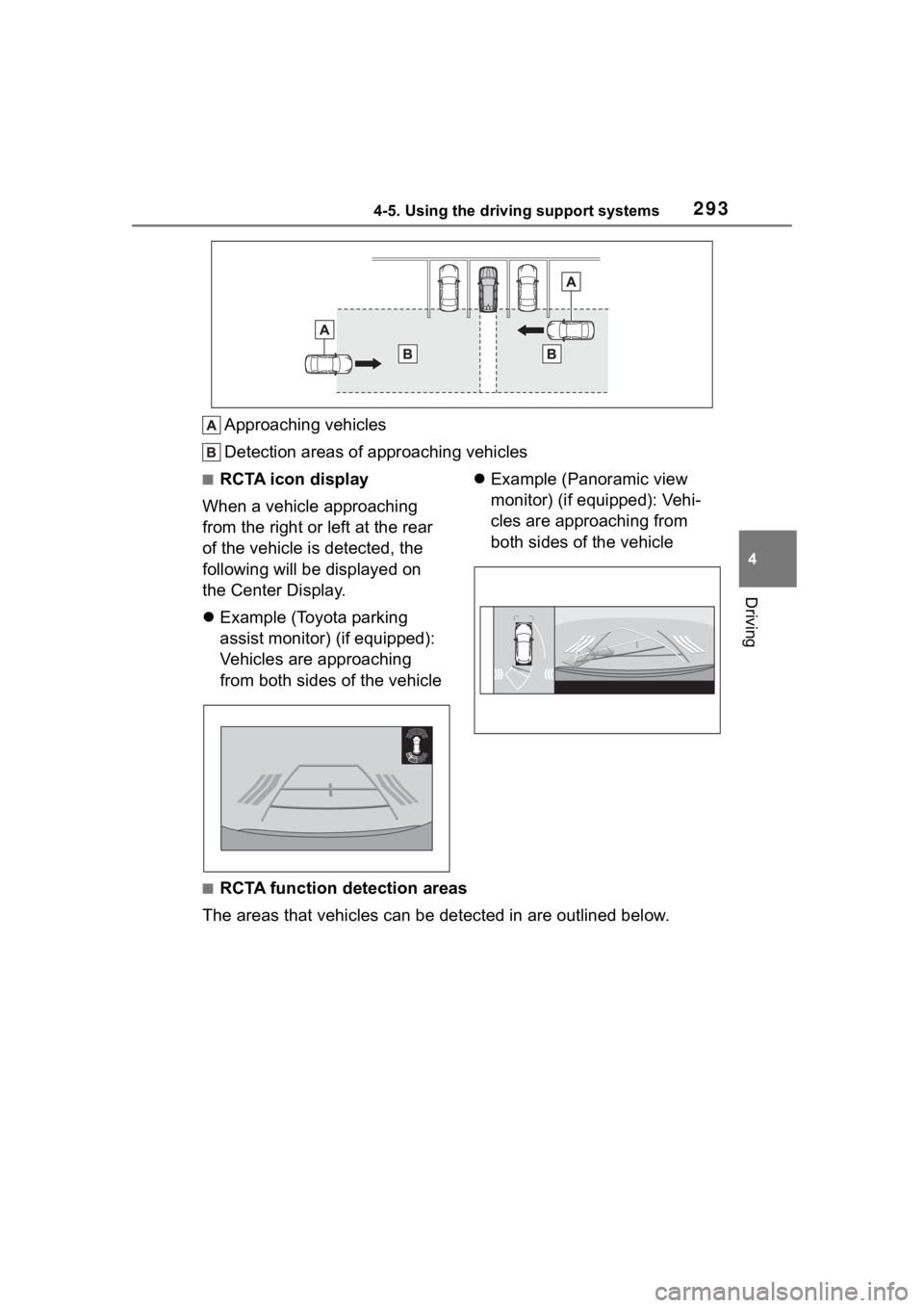 TOYOTA HIGHLANDER HYBRID 2023  Owners Manual 2934-5. Using the driving support systems
4
Driving
Approaching vehicles
Detection areas of approaching vehicles
■RCTA icon display
When a vehicle approaching 
from the right or left at the rear 
of