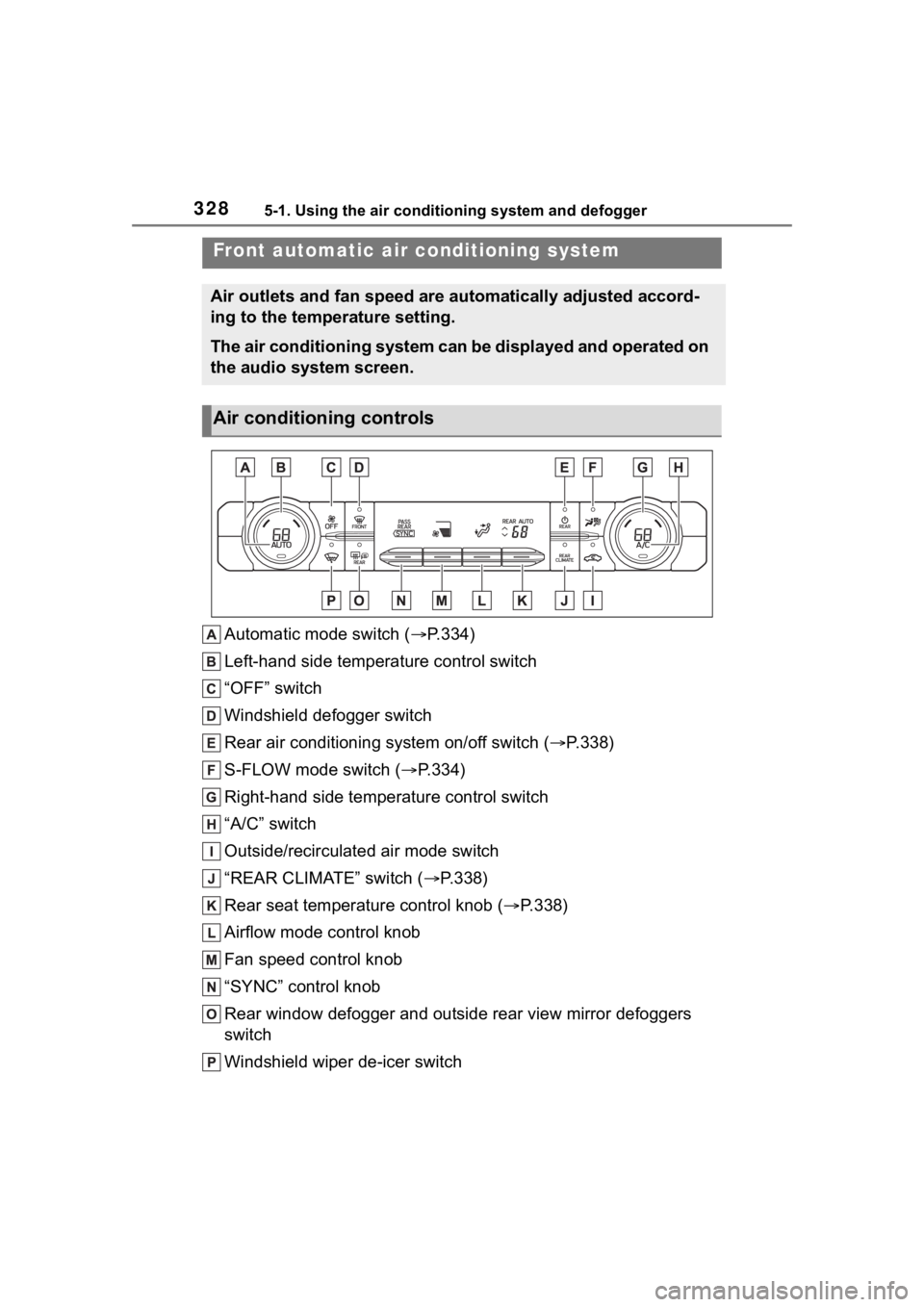 TOYOTA HIGHLANDER HYBRID 2023  Owners Manual 3285-1. Using the air conditioning system and defogger
5-1.Using the air conditioning system and defogger
Automatic mode switch (P.334)
Left-hand side temperature control switch
“OFF” switch
Wi