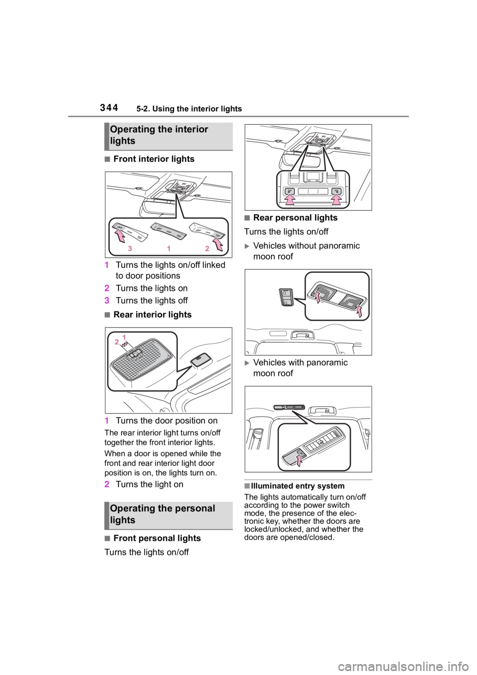 TOYOTA HIGHLANDER HYBRID 2023  Owners Manual 3445-2. Using the interior lights
■Front interior lights
1 Turns the lights on/off linked 
to door positions
2 Turns the lights on
3 Turns the lights off
■Rear interior lights
1 Turns the door pos