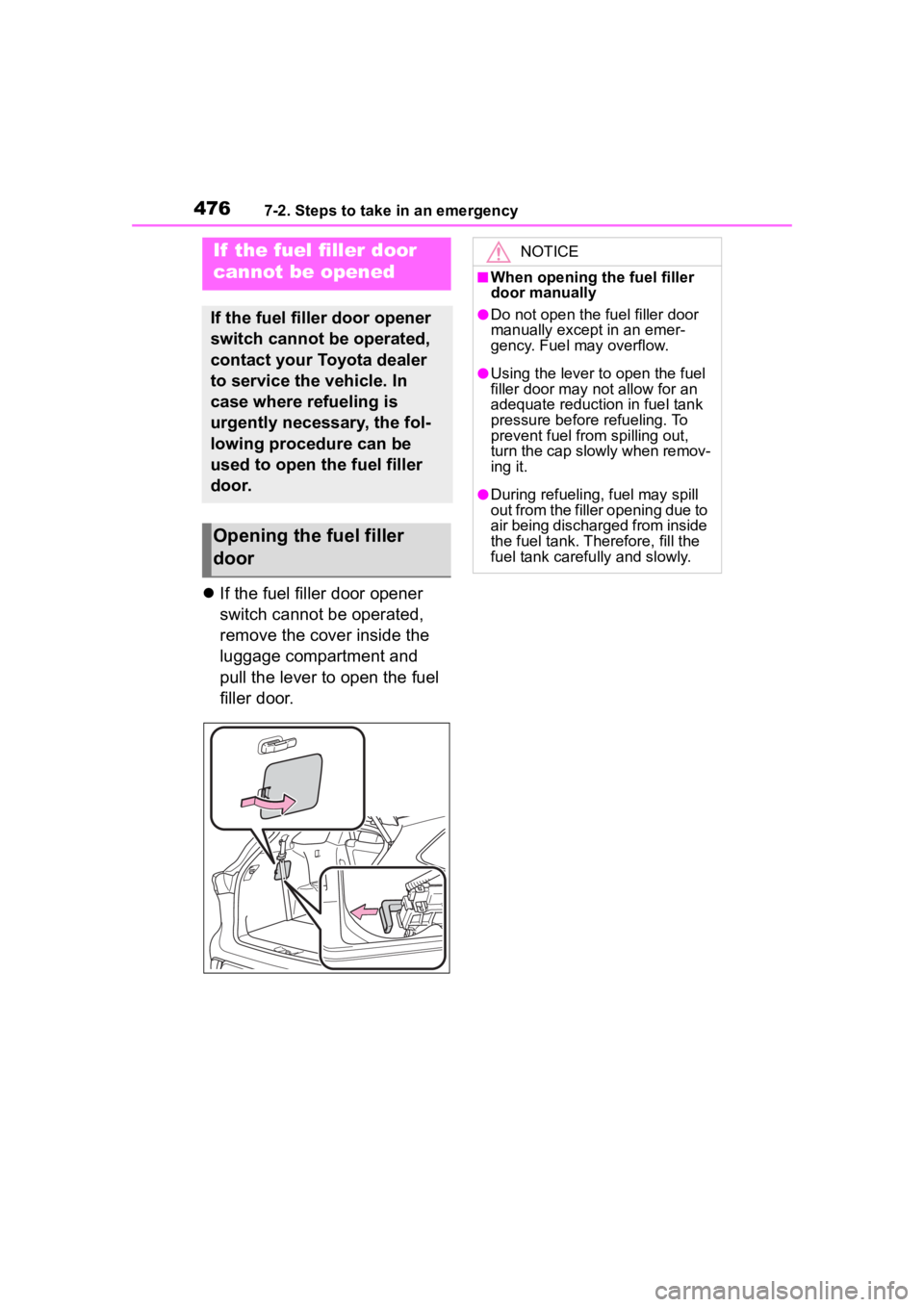 TOYOTA HIGHLANDER HYBRID 2023 Owners Manual 4767-2. Steps to take in an emergency
If the fuel filler door opener
switch cannot be operated,
remove the cover inside the
luggage compartment and
pull the lever to open the fuel
filler door. TOYOTA HIGHLANDER HYBRID 2023 Owners Manual 4767-2. Steps to take in an emergency
If the fuel filler door opener
switch cannot be operated,
remove the cover inside the
luggage compartment and
pull the lever to open the fuel
filler door.
