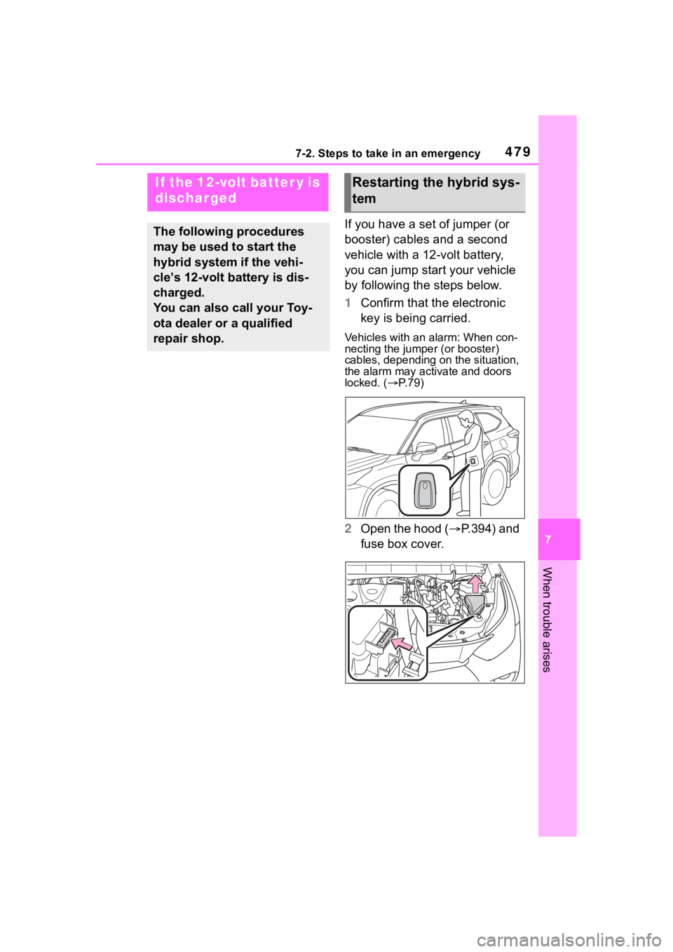 TOYOTA HIGHLANDER HYBRID 2023 Owners Manual 4797-2. Steps to take in an emergency
7
When trouble arises
If you have a set of jumper (or
booster) cables and a second
vehicle with a 12-volt battery,
you can jump start your vehicle
by followin TOYOTA HIGHLANDER HYBRID 2023 Owners Manual 4797-2. Steps to take in an emergency
7
When trouble arises
If you have a set of jumper (or
booster) cables and a second
vehicle with a 12-volt battery,
you can jump start your vehicle
by followin