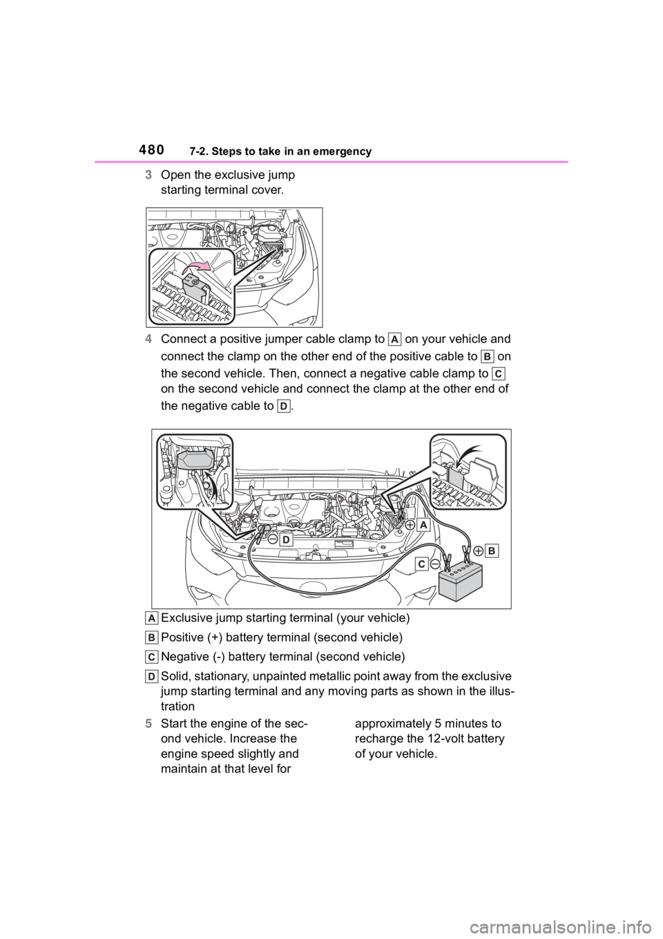 TOYOTA HIGHLANDER HYBRID 2023 Owners Manual 4807-2. Steps to take in an emergency
3Open the exclusive jump
starting terminal cover.
4 Connect a positive jumper cable clamp to on your vehicle and
connect the clamp on the other end of the pos TOYOTA HIGHLANDER HYBRID 2023 Owners Manual 4807-2. Steps to take in an emergency
3Open the exclusive jump
starting terminal cover.
4 Connect a positive jumper cable clamp to on your vehicle and
connect the clamp on the other end of the pos