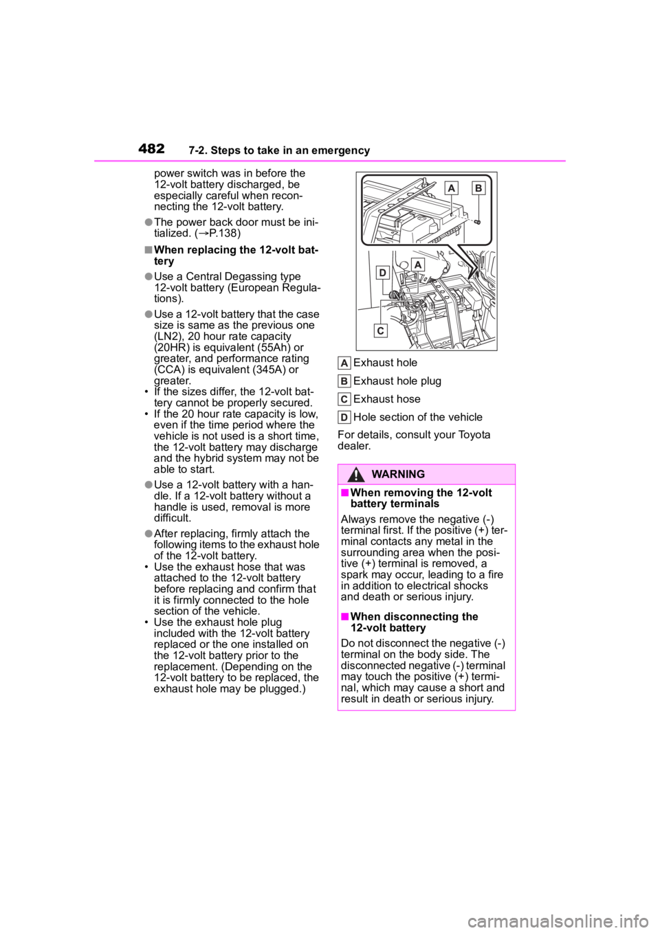 TOYOTA HIGHLANDER HYBRID 2023 Owners Manual 4827-2. Steps to take in an emergency
power switch was in before the
12-volt battery discharged, be
especially careful when recon-
necting the 12-volt battery.
●The power back door must be ini-
ti TOYOTA HIGHLANDER HYBRID 2023 Owners Manual 4827-2. Steps to take in an emergency
power switch was in before the
12-volt battery discharged, be
especially careful when recon-
necting the 12-volt battery.
●The power back door must be ini-
ti