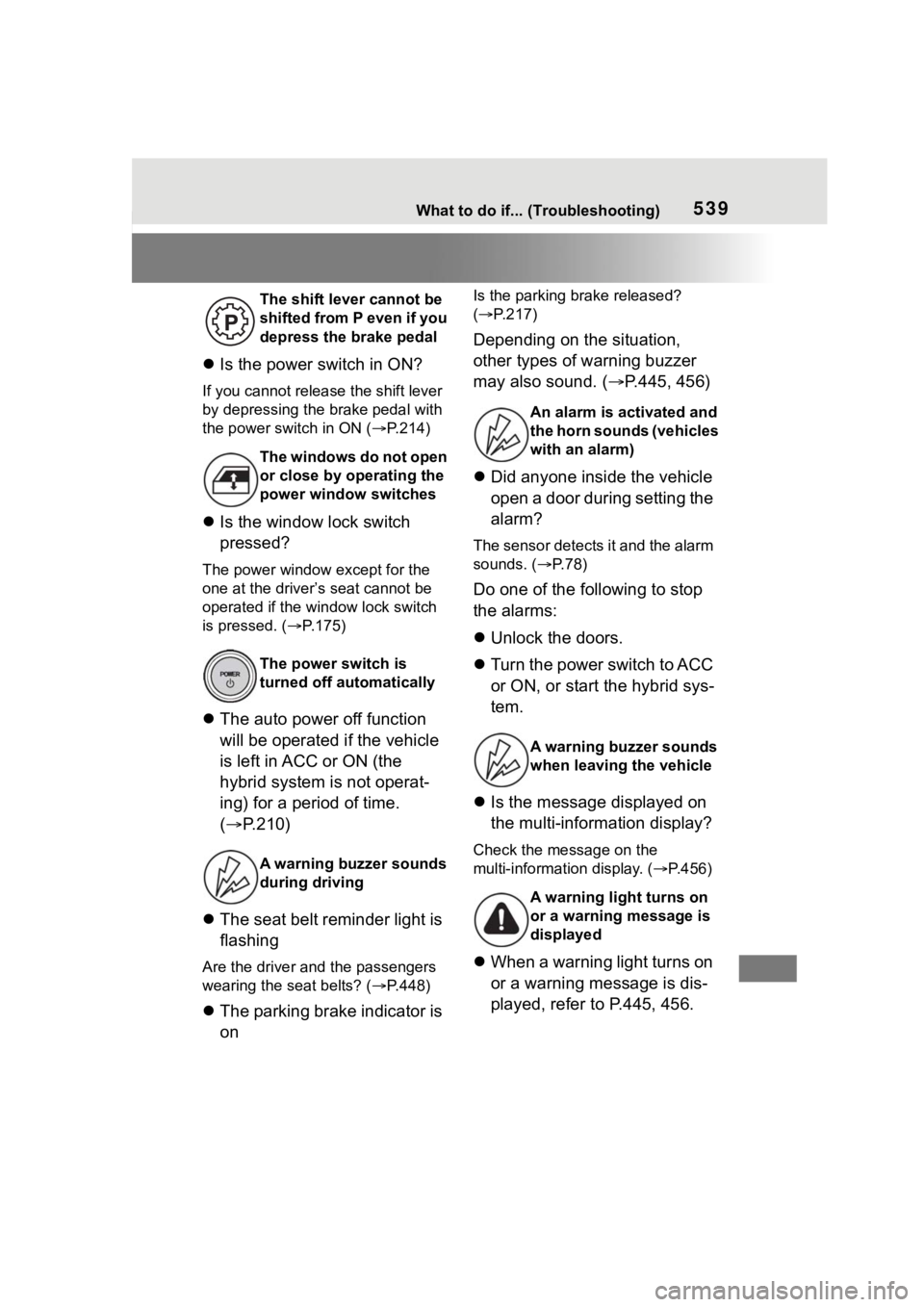 TOYOTA HIGHLANDER HYBRID 2023 Manual PDF 539What to do if... (Troubleshooting)
Is the power switch in ON?
If you cannot release the shift lever
by depressing the brake pedal with
the power switch in ON ( P.214)
Is the window lock TOYOTA HIGHLANDER HYBRID 2023 Manual PDF 539What to do if... (Troubleshooting)
Is the power switch in ON?
If you cannot release the shift lever
by depressing the brake pedal with
the power switch in ON ( P.214)
Is the window lock