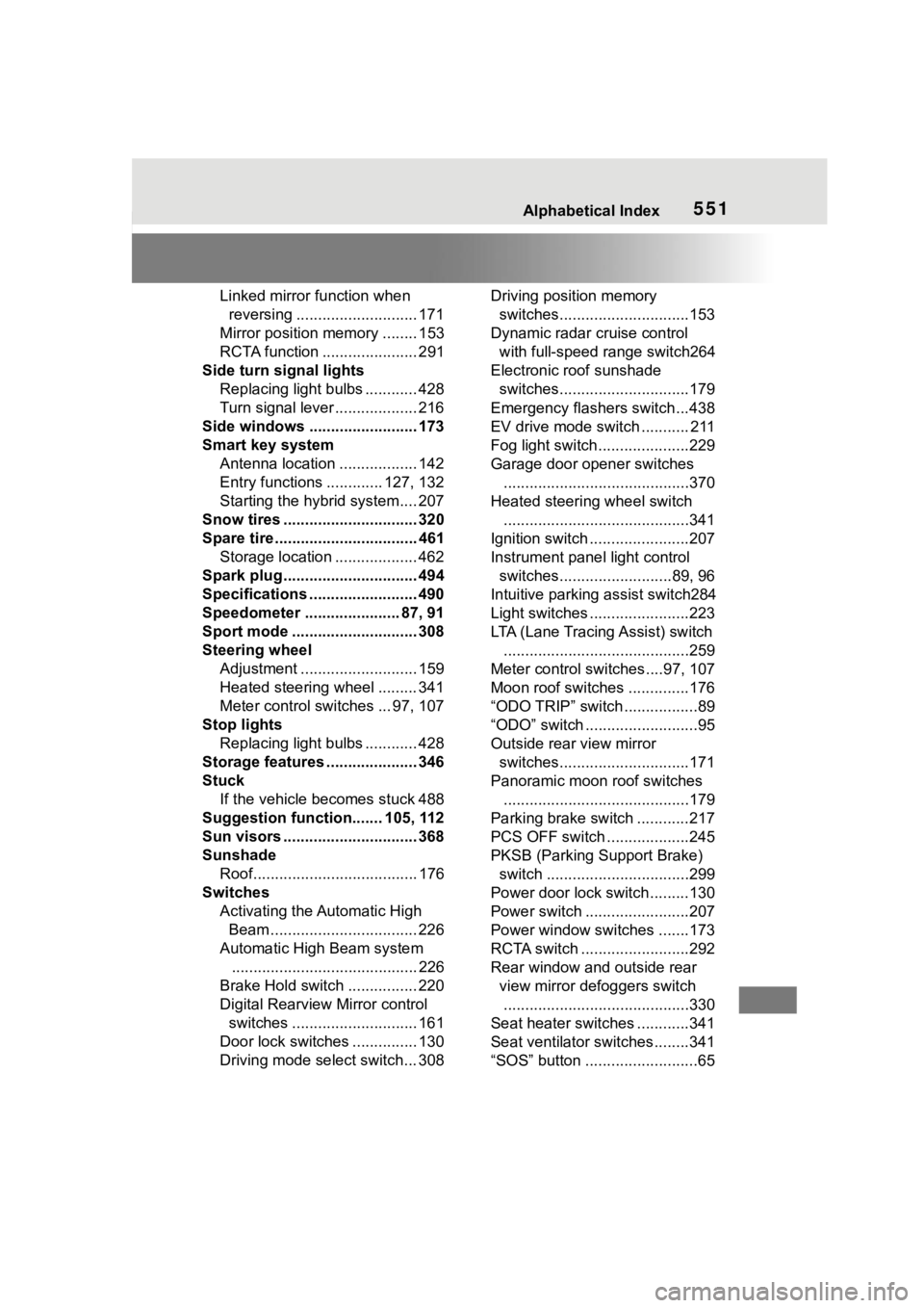 TOYOTA HIGHLANDER HYBRID 2023 Owners Manual 551Alphabetical Index
Linked mirror function when reversing ............................ 171
Mirror position memory ........ 153
RCTA function ...................... 291
Side turn signal lights Replac TOYOTA HIGHLANDER HYBRID 2023 Owners Manual 551Alphabetical Index
Linked mirror function when reversing ............................ 171
Mirror position memory ........ 153
RCTA function ...................... 291
Side turn signal lights Replac