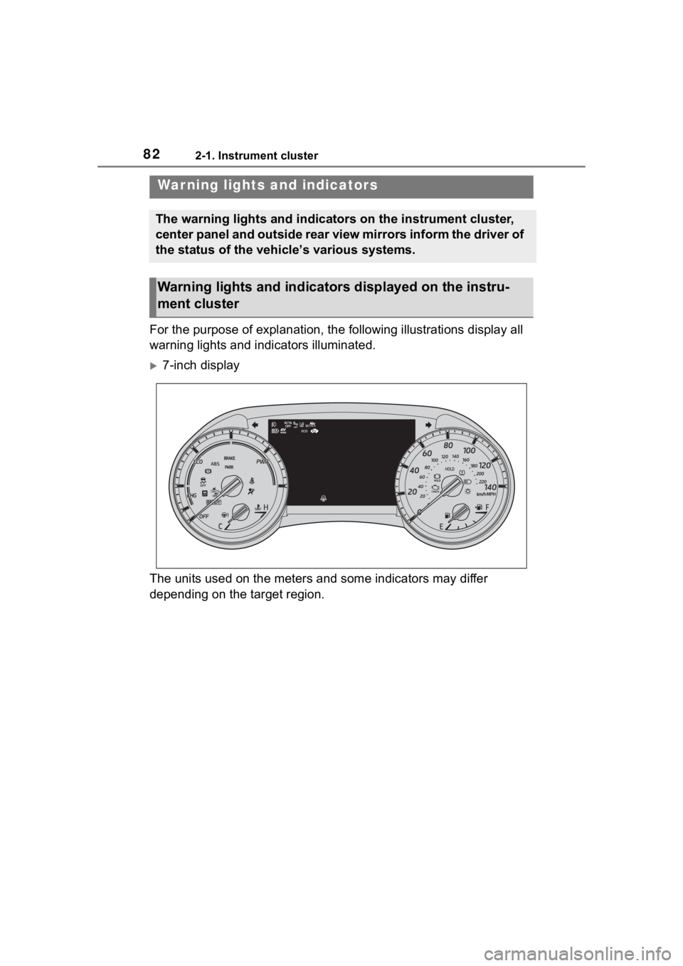 TOYOTA HIGHLANDER HYBRID 2023 Manual Online 822-1. Instrument cluster
2-1.Instrument cluster
For the purpose of explanation, the following illustrations display all
warning lights and indicators illuminated.
7-inch display
The units used on TOYOTA HIGHLANDER HYBRID 2023 Manual Online 822-1. Instrument cluster
2-1.Instrument cluster
For the purpose of explanation, the following illustrations display all
warning lights and indicators illuminated.
7-inch display
The units used on
