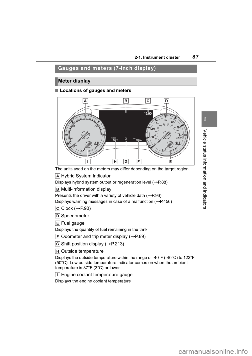 TOYOTA HIGHLANDER HYBRID 2023 Manual Online 872-1. Instrument cluster
2
Vehicle status information and indicators
■Locations of gauges and meters
The units used on the meters may differ depending on the target region.
Hybrid System Indicator
TOYOTA HIGHLANDER HYBRID 2023 Manual Online 872-1. Instrument cluster
2
Vehicle status information and indicators
■Locations of gauges and meters
The units used on the meters may differ depending on the target region.
Hybrid System Indicator
