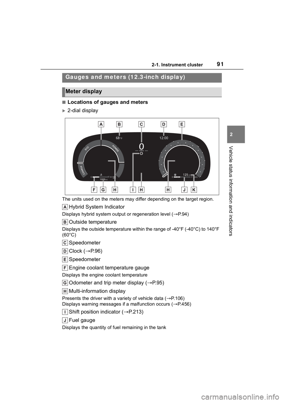 TOYOTA HIGHLANDER HYBRID 2023 Owners Manual 912-1. Instrument cluster
2
Vehicle status information and indicators
■Locations of gauges and meters
2-dial display
The units used on the meters may differ depending on the target region.
Hybrid TOYOTA HIGHLANDER HYBRID 2023 Owners Manual 912-1. Instrument cluster
2
Vehicle status information and indicators
■Locations of gauges and meters
2-dial display
The units used on the meters may differ depending on the target region.
Hybrid