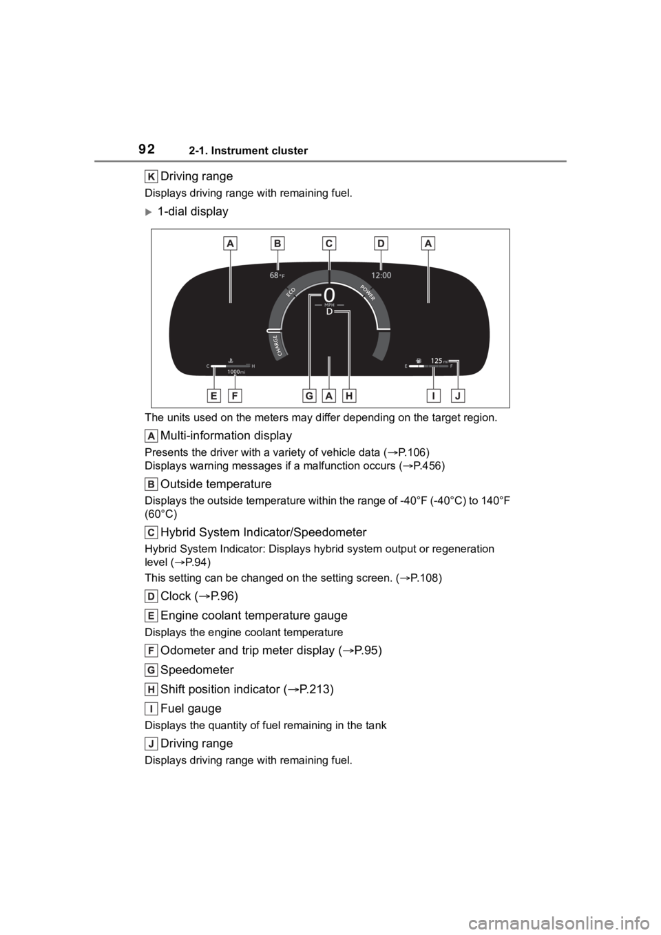 TOYOTA HIGHLANDER HYBRID 2023 Owners Manual 922-1. Instrument cluster
Driving range
Displays driving range with remaining fuel.
1-dial display
The units used on the meters may differ depending on the target region.
Multi-information display
TOYOTA HIGHLANDER HYBRID 2023 Owners Manual 922-1. Instrument cluster
Driving range
Displays driving range with remaining fuel.
1-dial display
The units used on the meters may differ depending on the target region.
Multi-information display